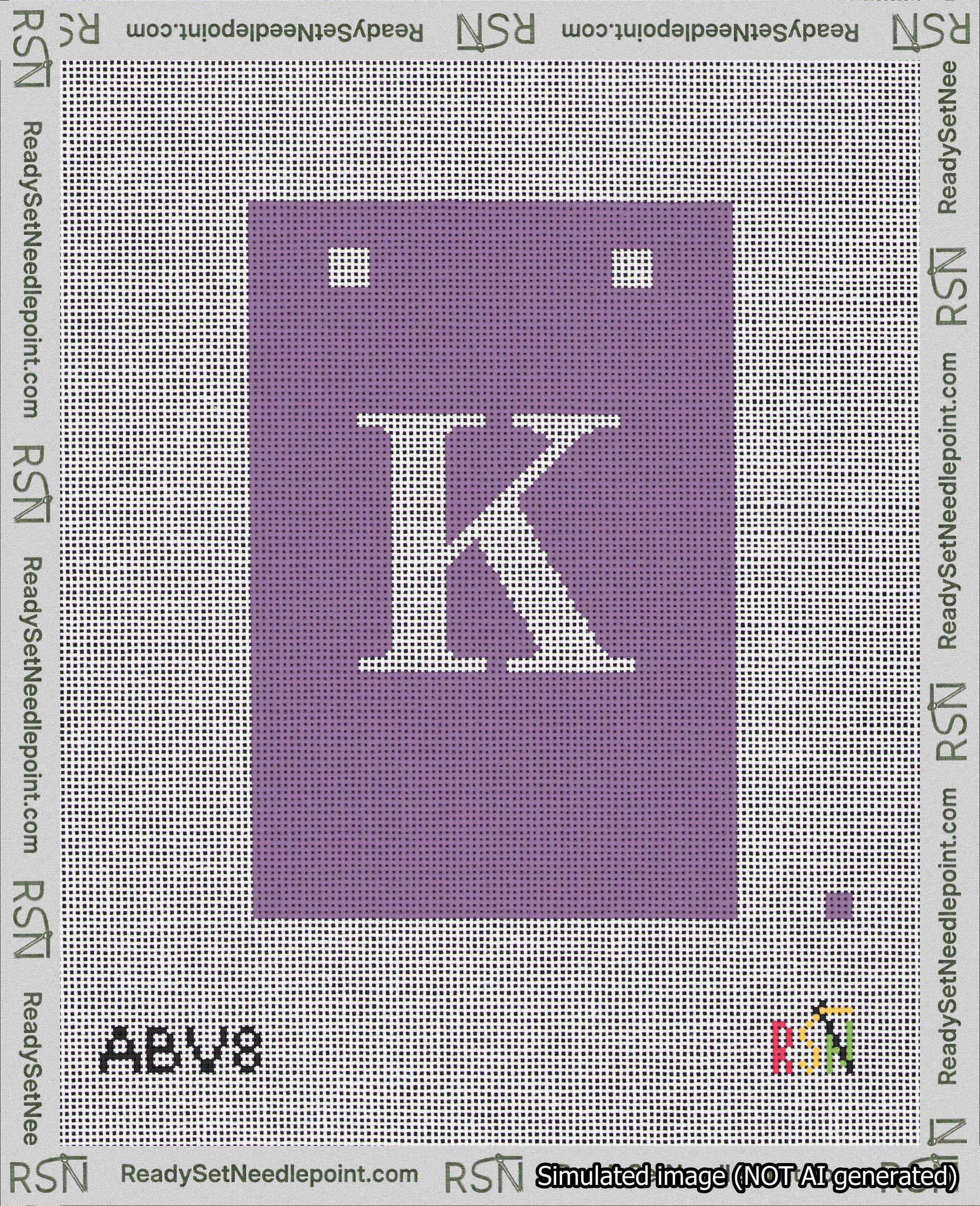 A taped needlepoint canvas with the design: Banner 18 mesh count Squared K White on Purple.