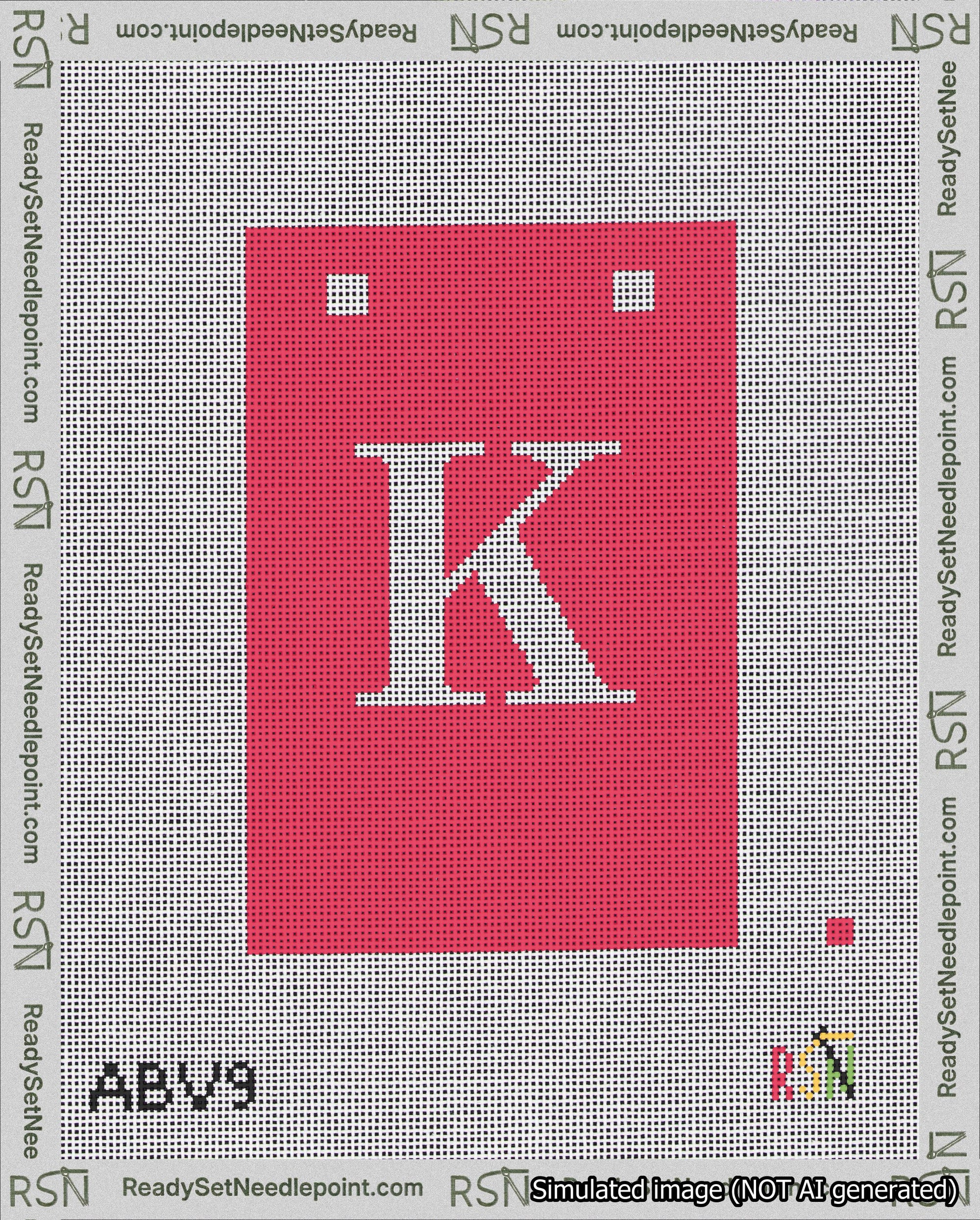 A taped needlepoint canvas with the design: Banner 18 mesh count Squared K White on Red.