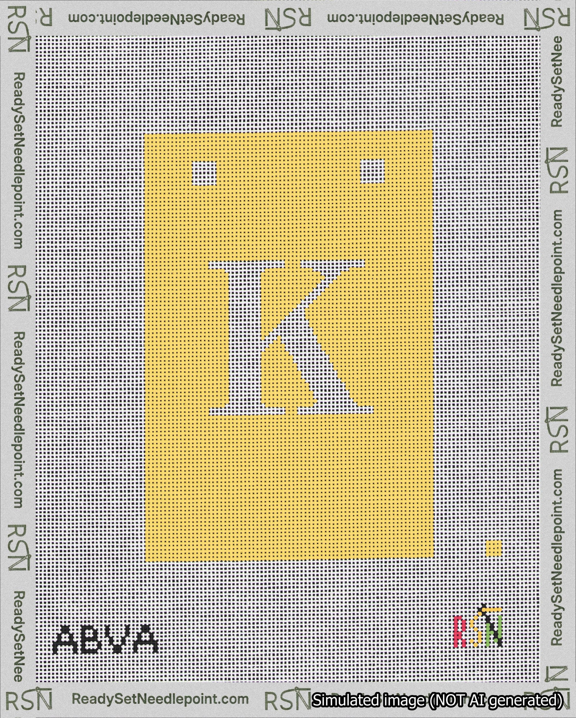 A taped needlepoint canvas with the design: Banner 18 mesh count Squared K White on Yellow.