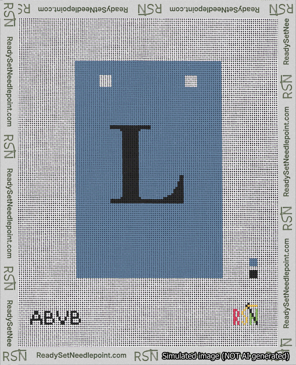 A taped needlepoint canvas with the design: Banner 18 mesh count Squared L Black on Blue.