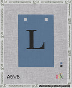 A taped needlepoint canvas with the design: Banner 18 mesh count Squared L Black on Blue.