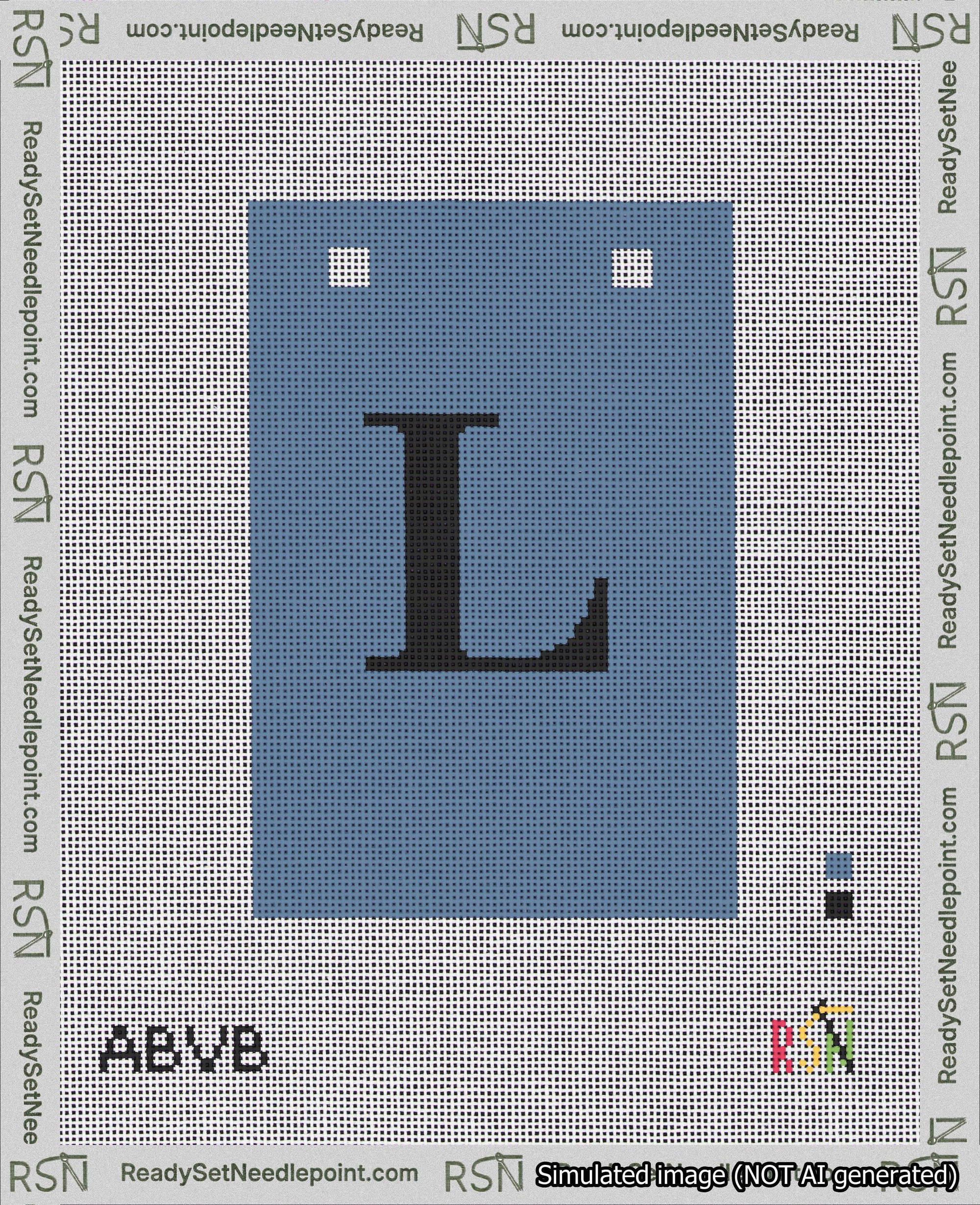 A taped needlepoint canvas with the design: Banner 18 mesh count Squared L Black on Blue.