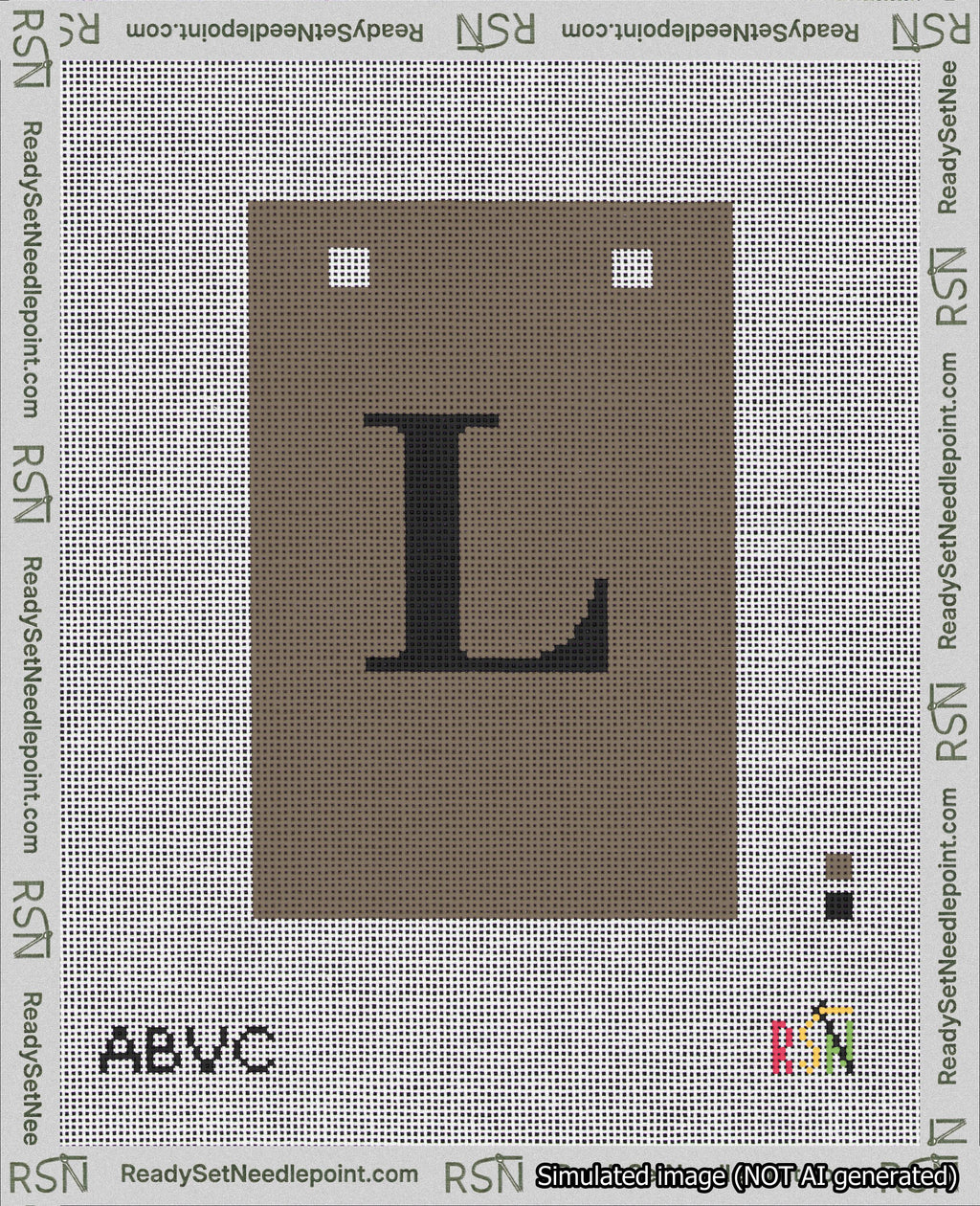 A taped needlepoint canvas with the design: Banner 18 mesh count Squared L Black on Brown.