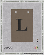 A taped needlepoint canvas with the design: Banner 18 mesh count Squared L Black on Brown.