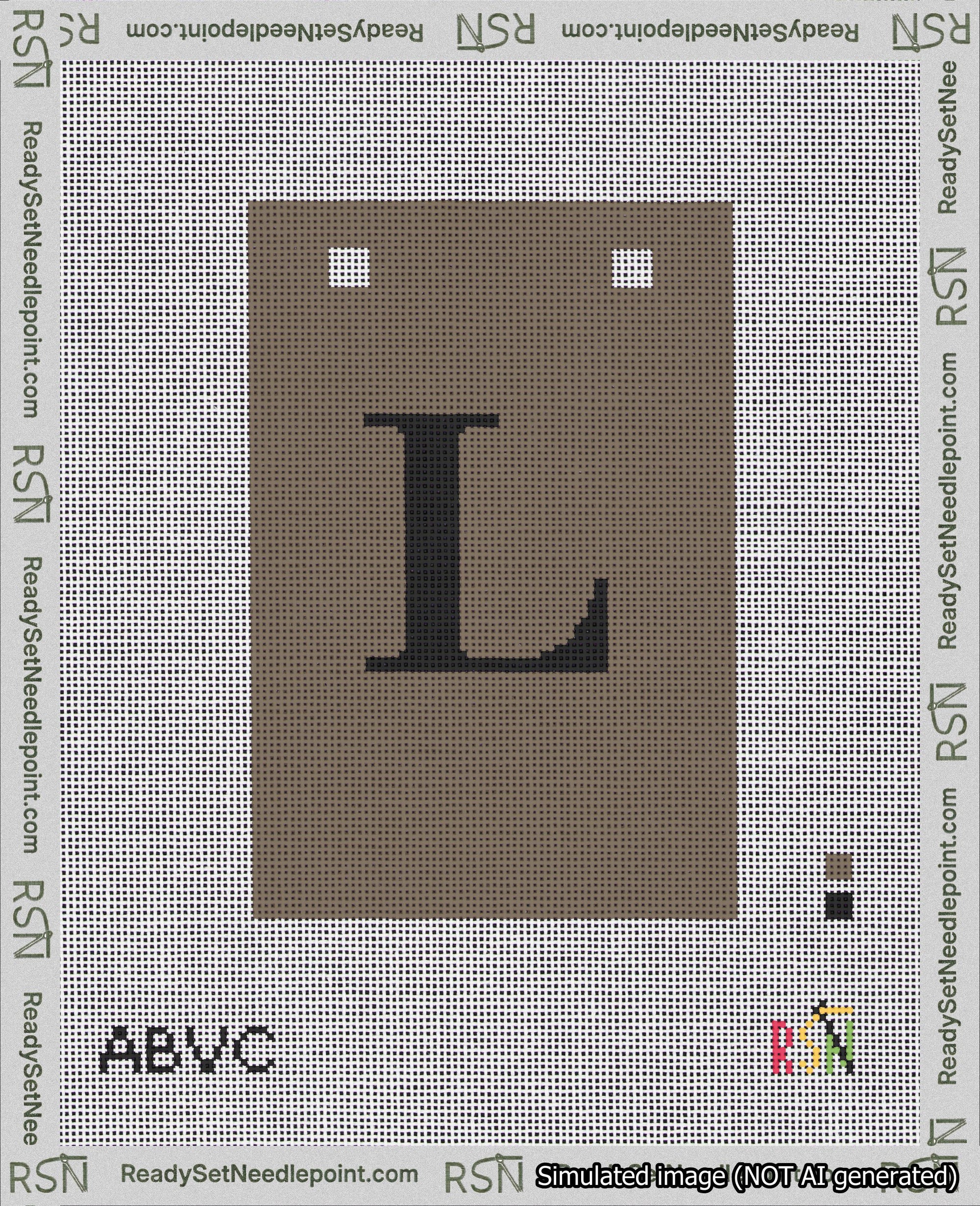 A taped needlepoint canvas with the design: Banner 18 mesh count Squared L Black on Brown.