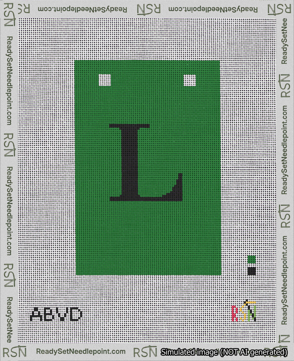 A taped needlepoint canvas with the design: Banner 18 mesh count Squared L Black on Green.