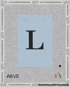 A taped needlepoint canvas with the design: Banner 18 mesh count Squared L Black on Light Blue.