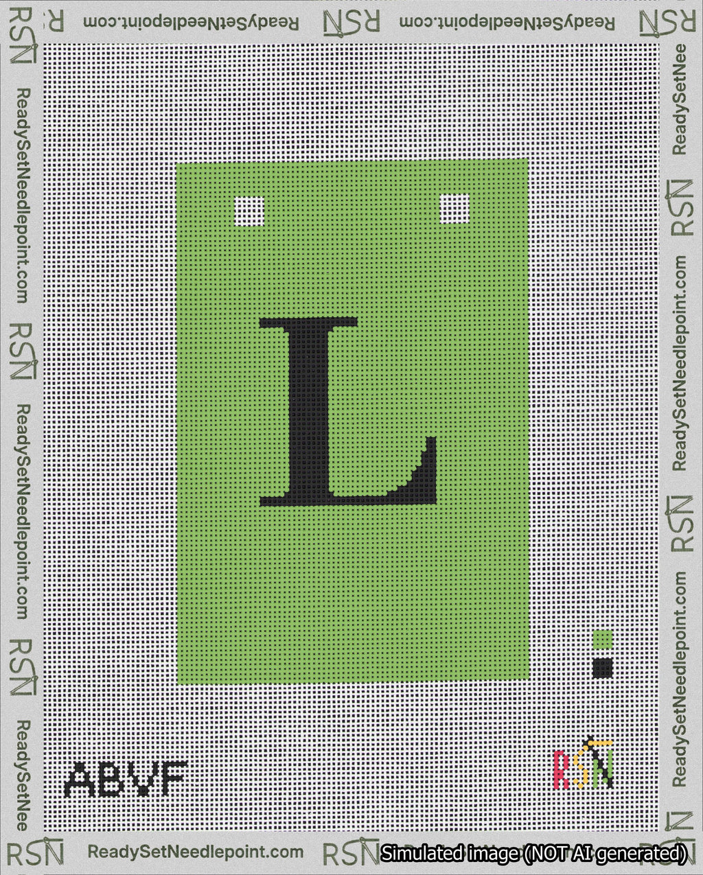 A taped needlepoint canvas with the design: Banner 18 mesh count Squared L Black on Light Green.