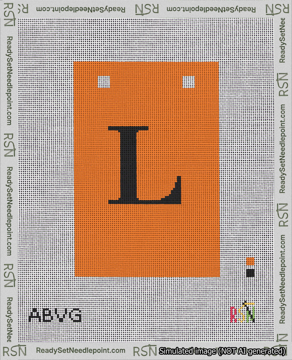 A taped needlepoint canvas with the design: Banner 18 mesh count Squared L Black on Orange.