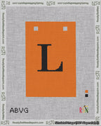 A taped needlepoint canvas with the design: Banner 18 mesh count Squared L Black on Orange.