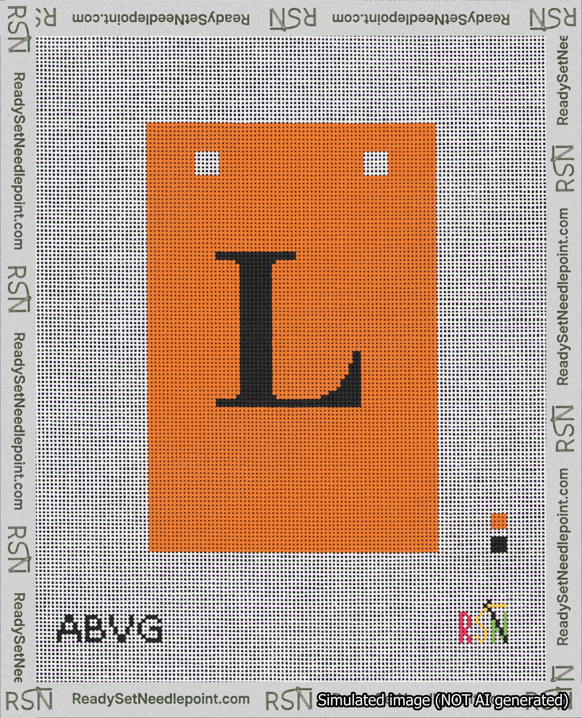 A taped needlepoint canvas with the design: Banner 18 mesh count Squared L Black on Orange.