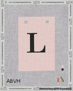 A taped needlepoint canvas with the design: Banner 18 mesh count Squared L Black on Pink.