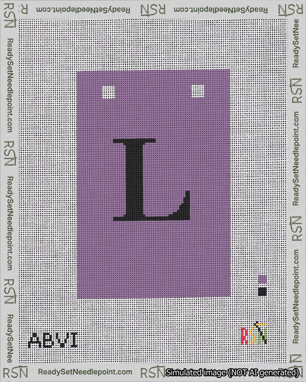 A taped needlepoint canvas with the design: Banner 18 mesh count Squared L Black on Purple.