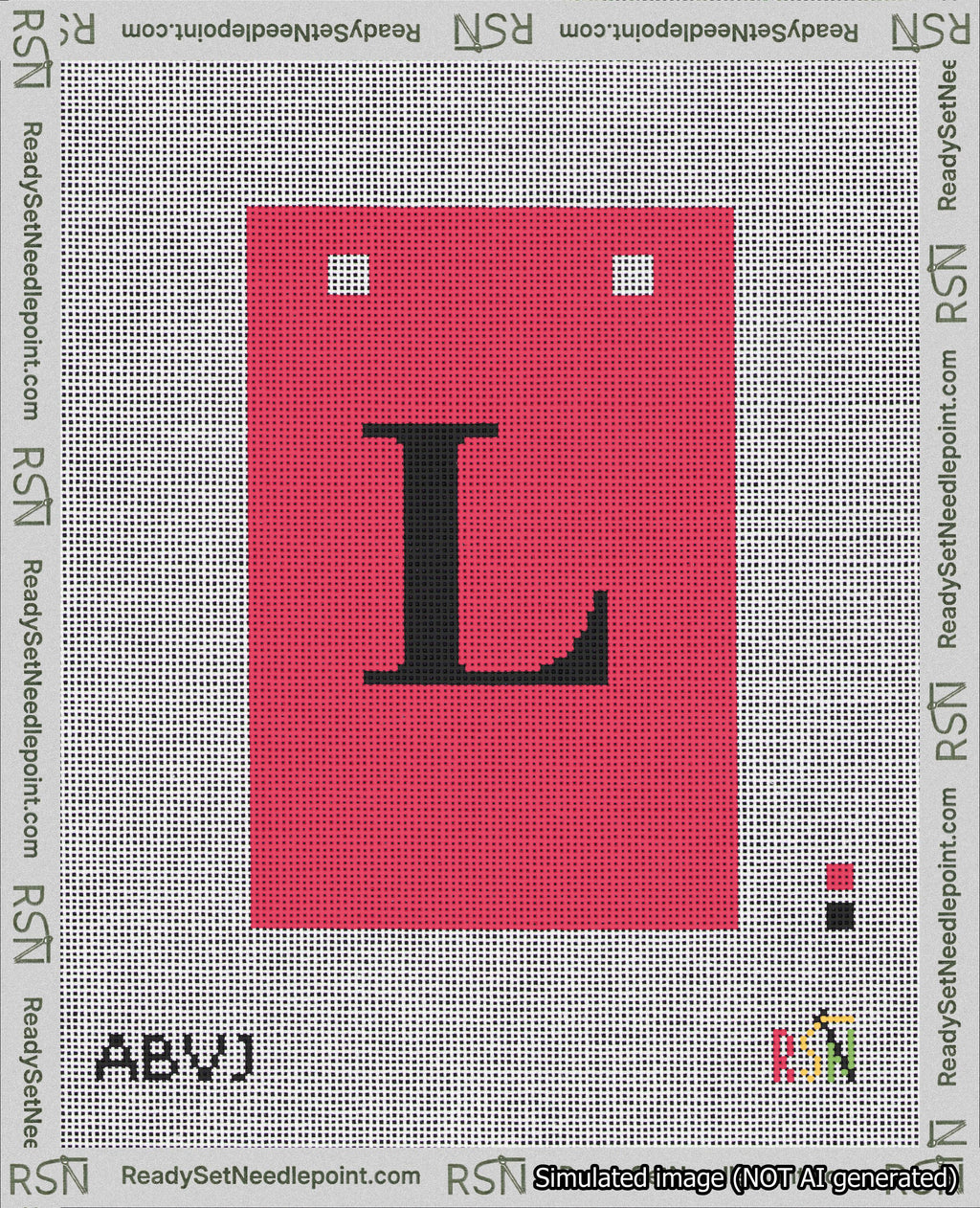 A taped needlepoint canvas with the design: Banner 18 mesh count Squared L Black on Red.