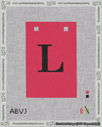 A taped needlepoint canvas with the design: Banner 18 mesh count Squared L Black on Red.