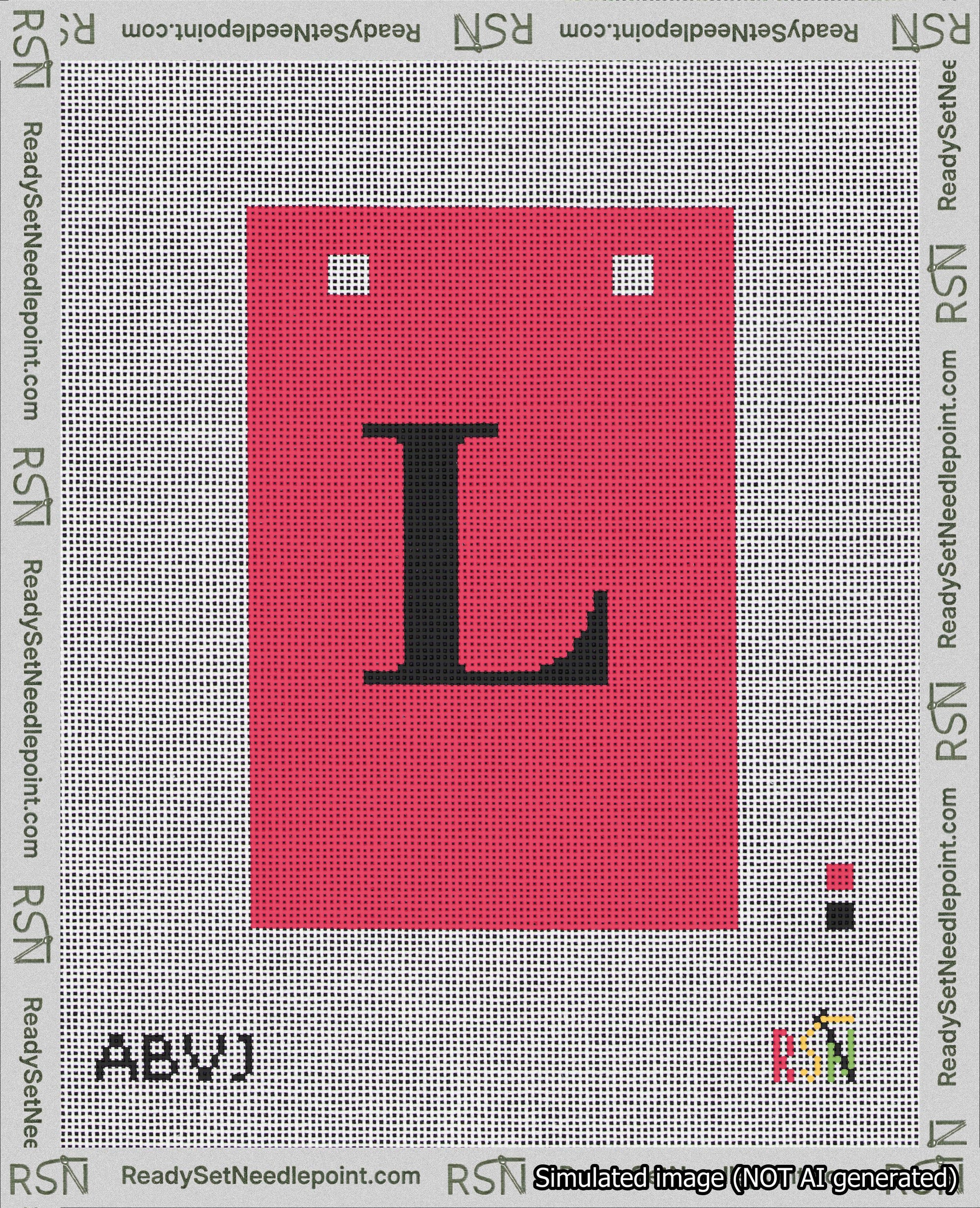 A taped needlepoint canvas with the design: Banner 18 mesh count Squared L Black on Red.