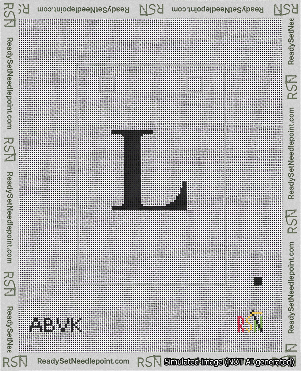 A taped needlepoint canvas with the design: Banner 18 mesh count Squared L Black on White.