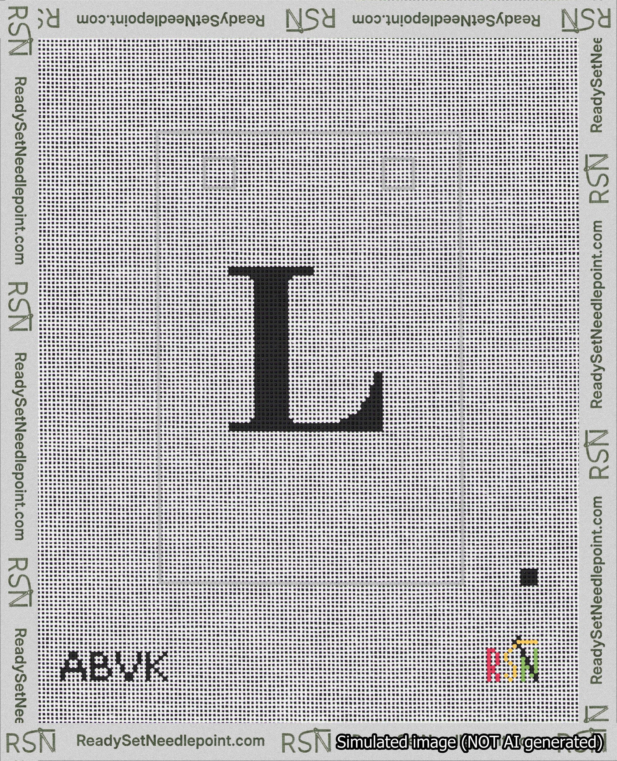A taped needlepoint canvas with the design: Banner 18 mesh count Squared L Black on White.
