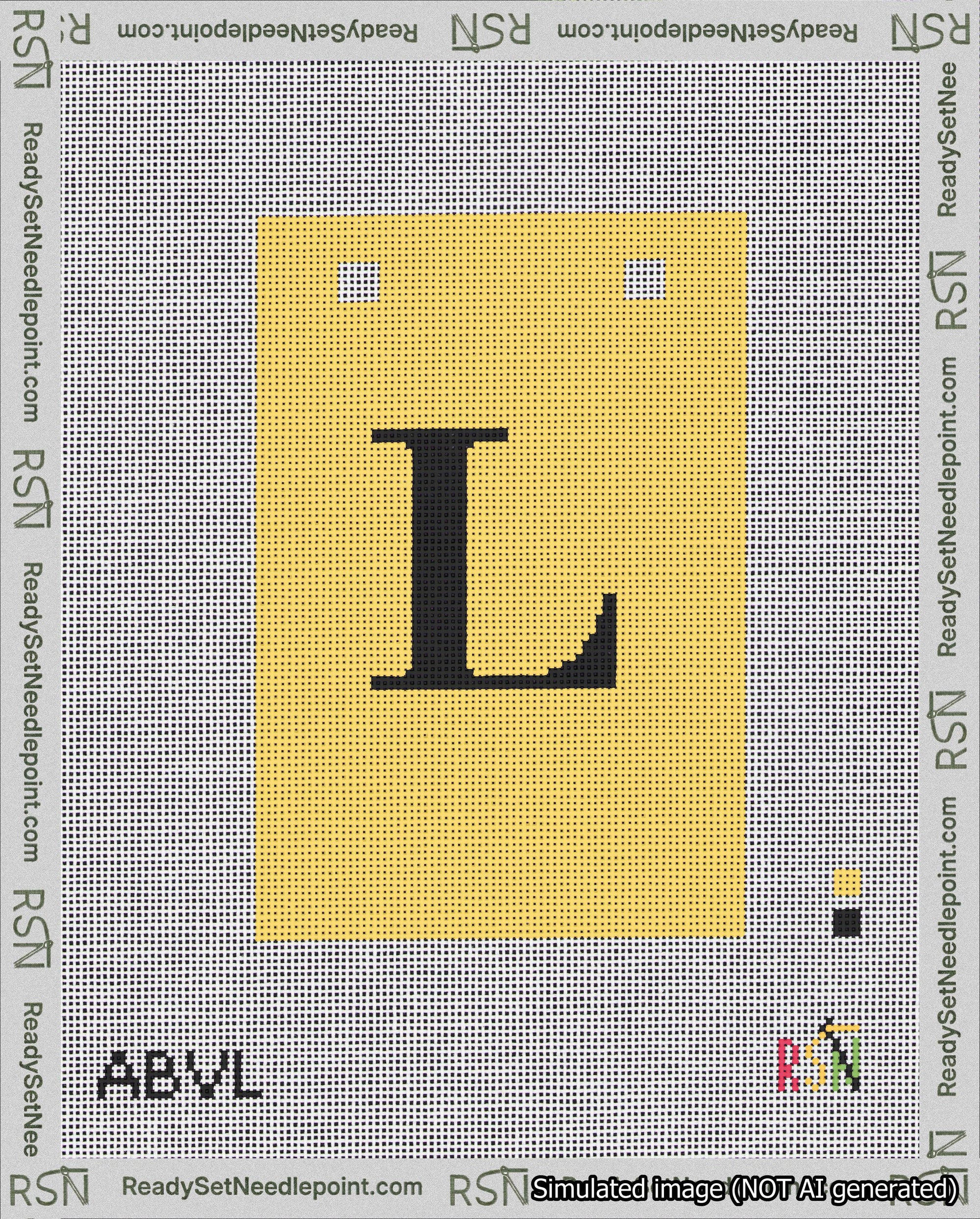A taped needlepoint canvas with the design: Banner 18 mesh count Squared L Black on Yellow.
