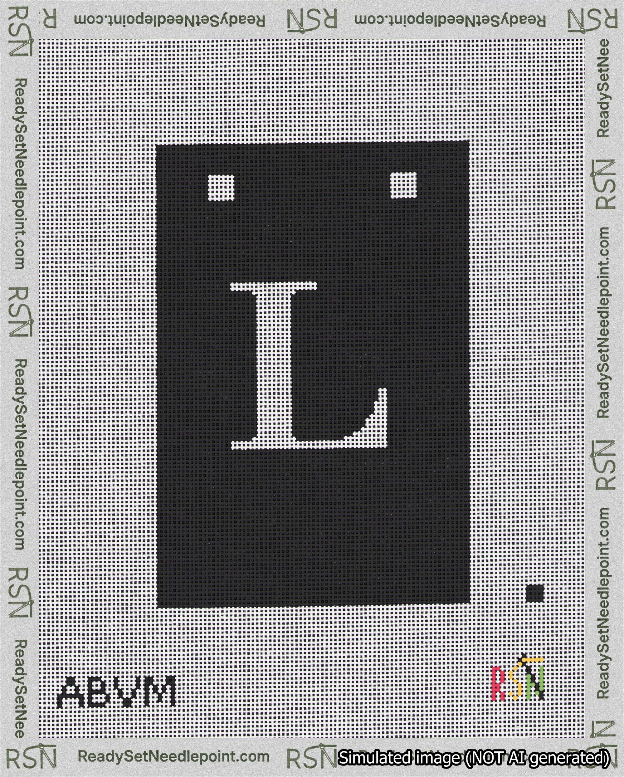 A taped needlepoint canvas with the design: Banner 18 mesh count Squared L White on Black.