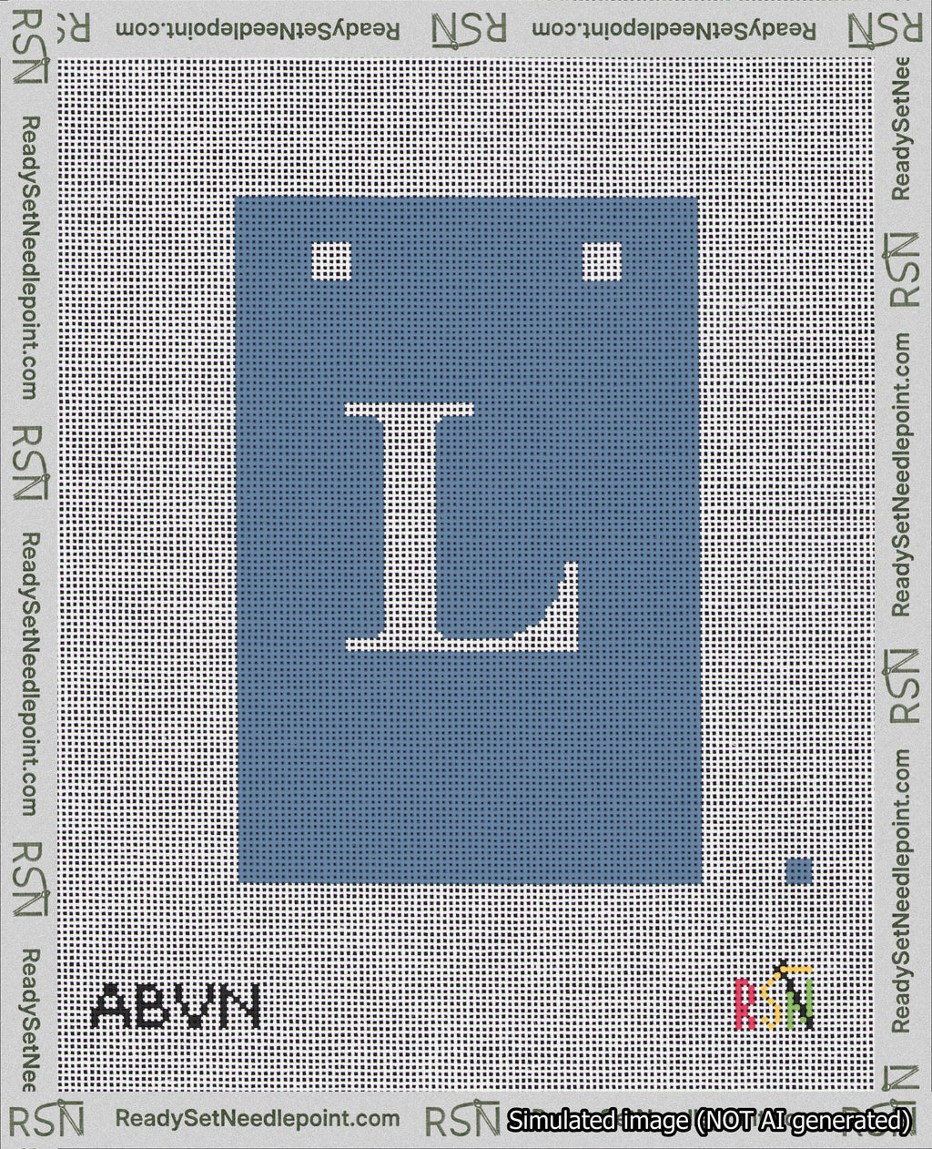 A taped needlepoint canvas with the design: Banner 18 mesh count Squared L White on Blue.
