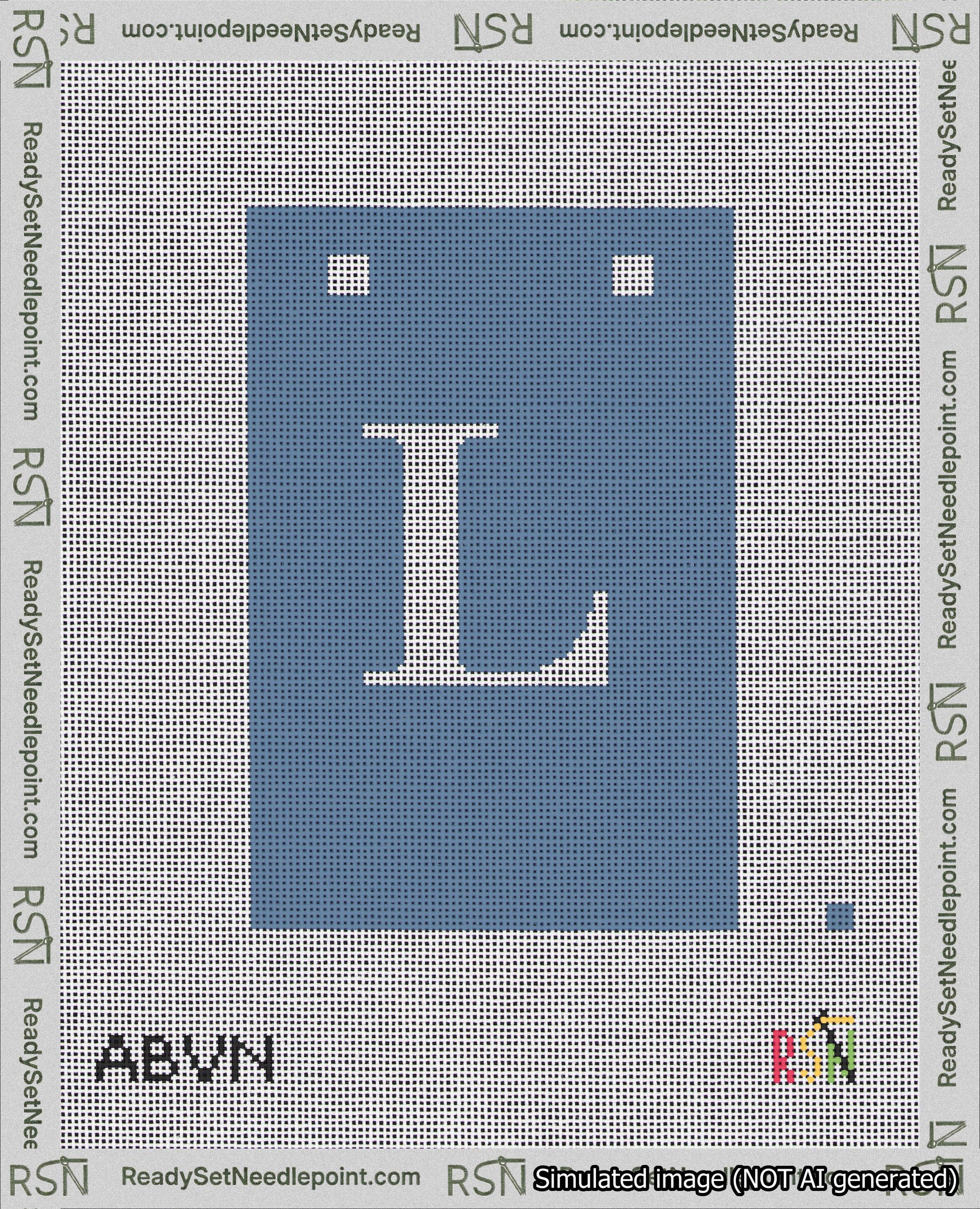 A taped needlepoint canvas with the design: Banner 18 mesh count Squared L White on Blue.