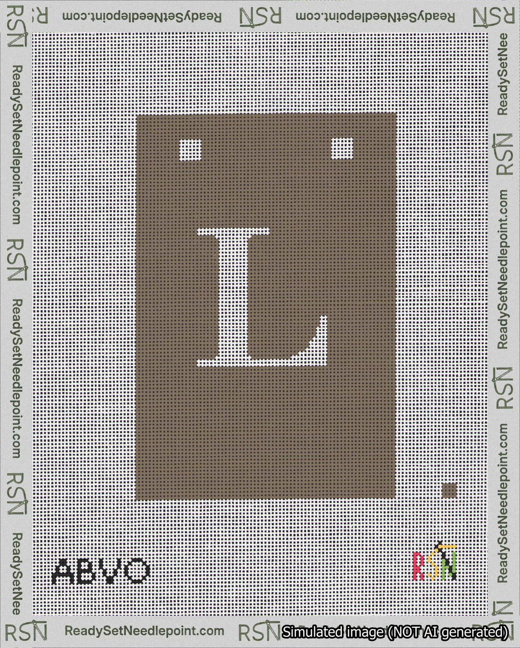 A taped needlepoint canvas with the design: Banner 18 mesh count Squared L White on Brown.