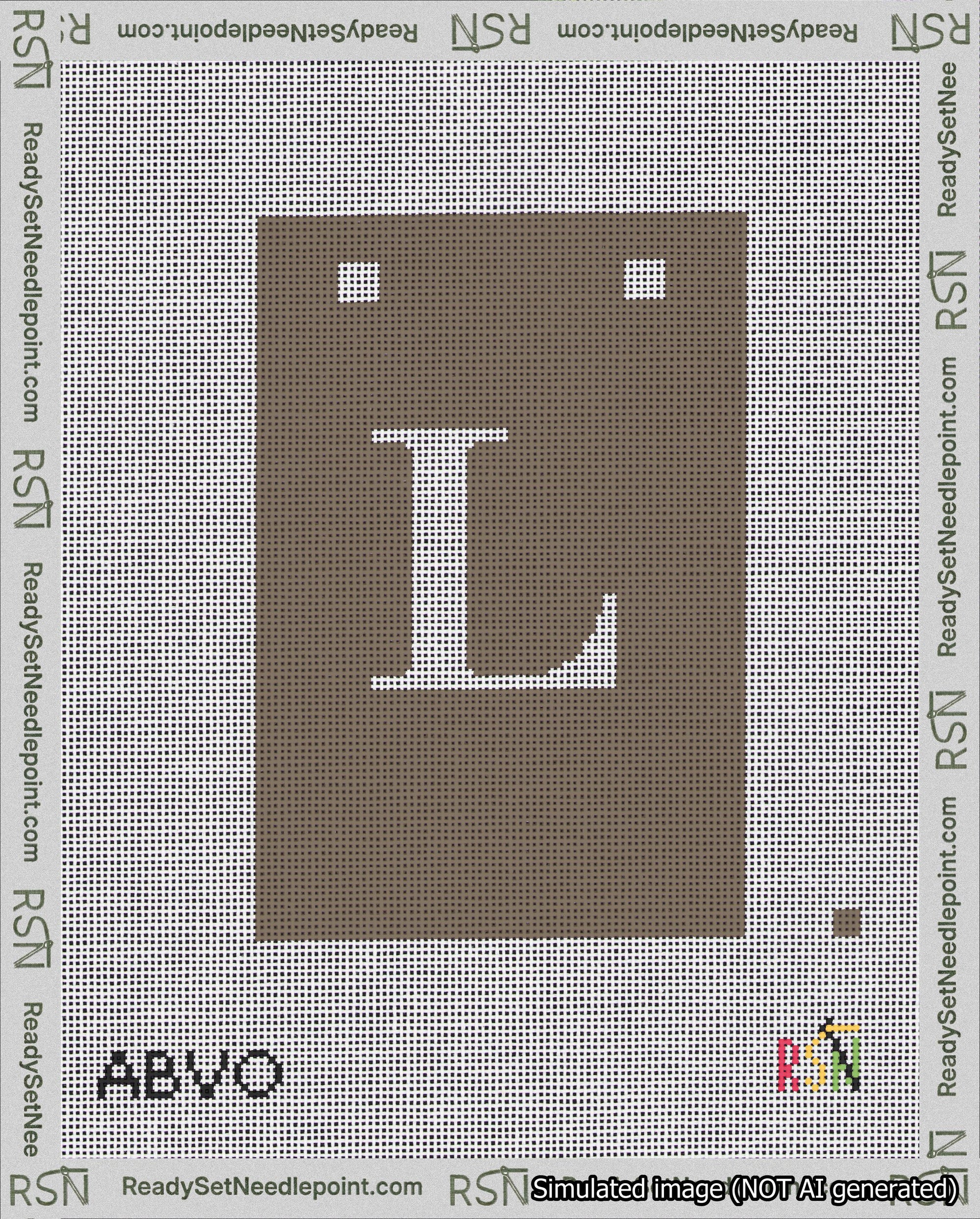 A taped needlepoint canvas with the design: Banner 18 mesh count Squared L White on Brown.