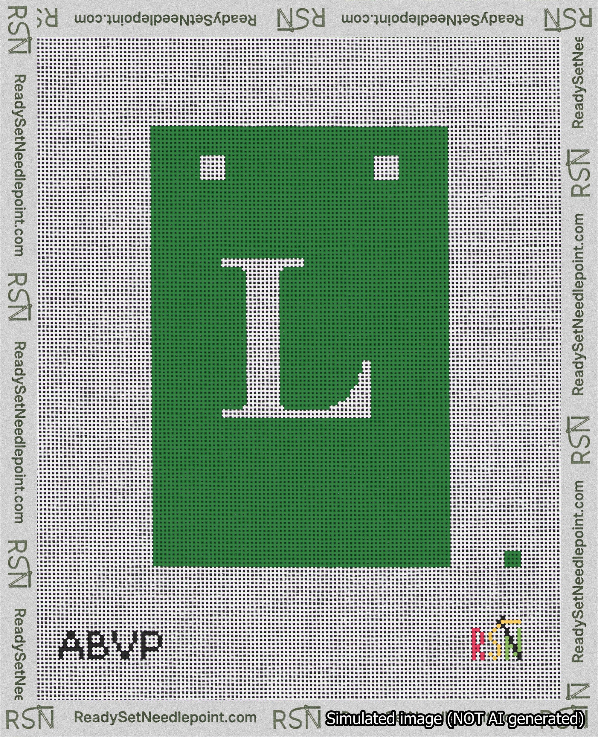 A taped needlepoint canvas with the design: Banner 18 mesh count Squared L White on Green.