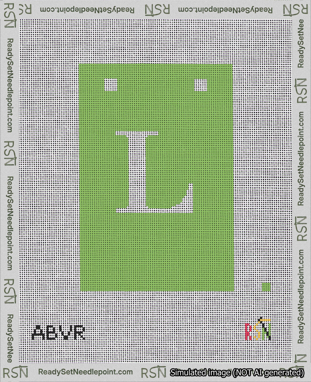 A taped needlepoint canvas with the design: Banner 18 mesh count Squared L White on Light Green.