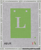 A taped needlepoint canvas with the design: Banner 18 mesh count Squared L White on Light Green.