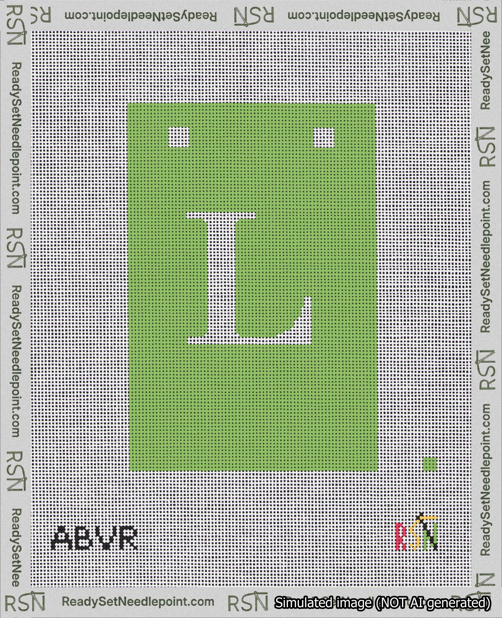 A taped needlepoint canvas with the design: Banner 18 mesh count Squared L White on Light Green.
