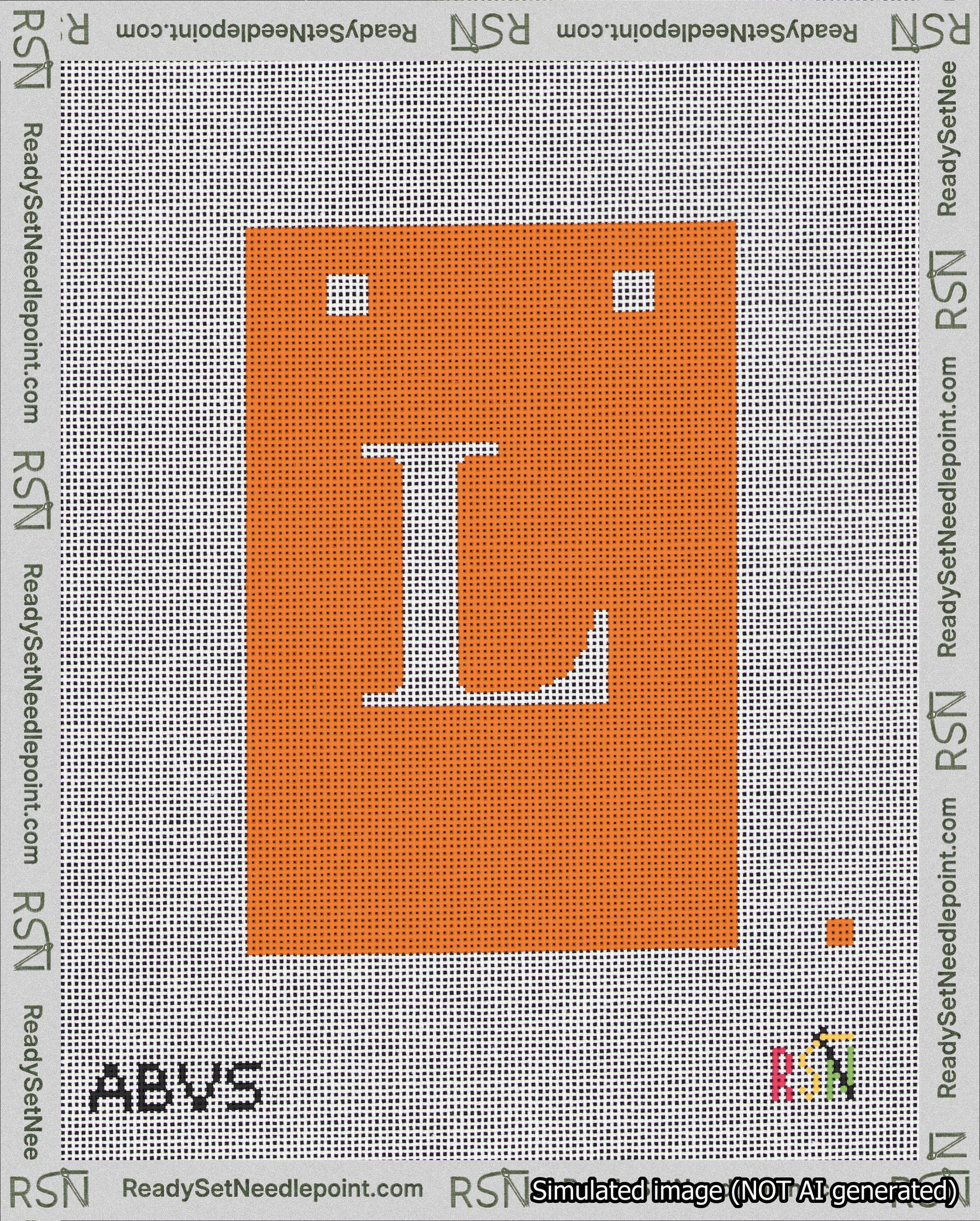A taped needlepoint canvas with the design: Banner 18 mesh count Squared L White on Orange.