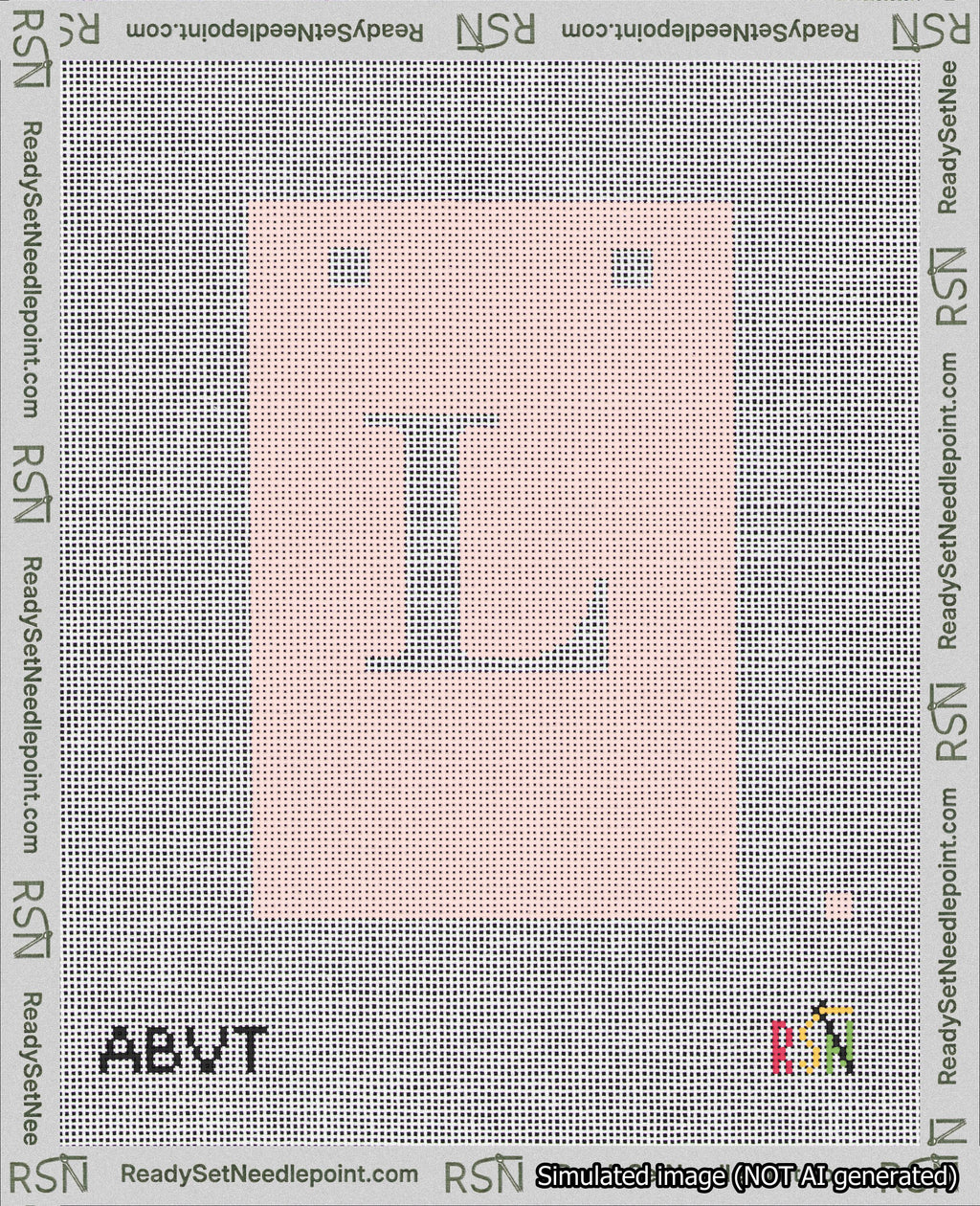 A taped needlepoint canvas with the design: Banner 18 mesh count Squared L White on Pink.