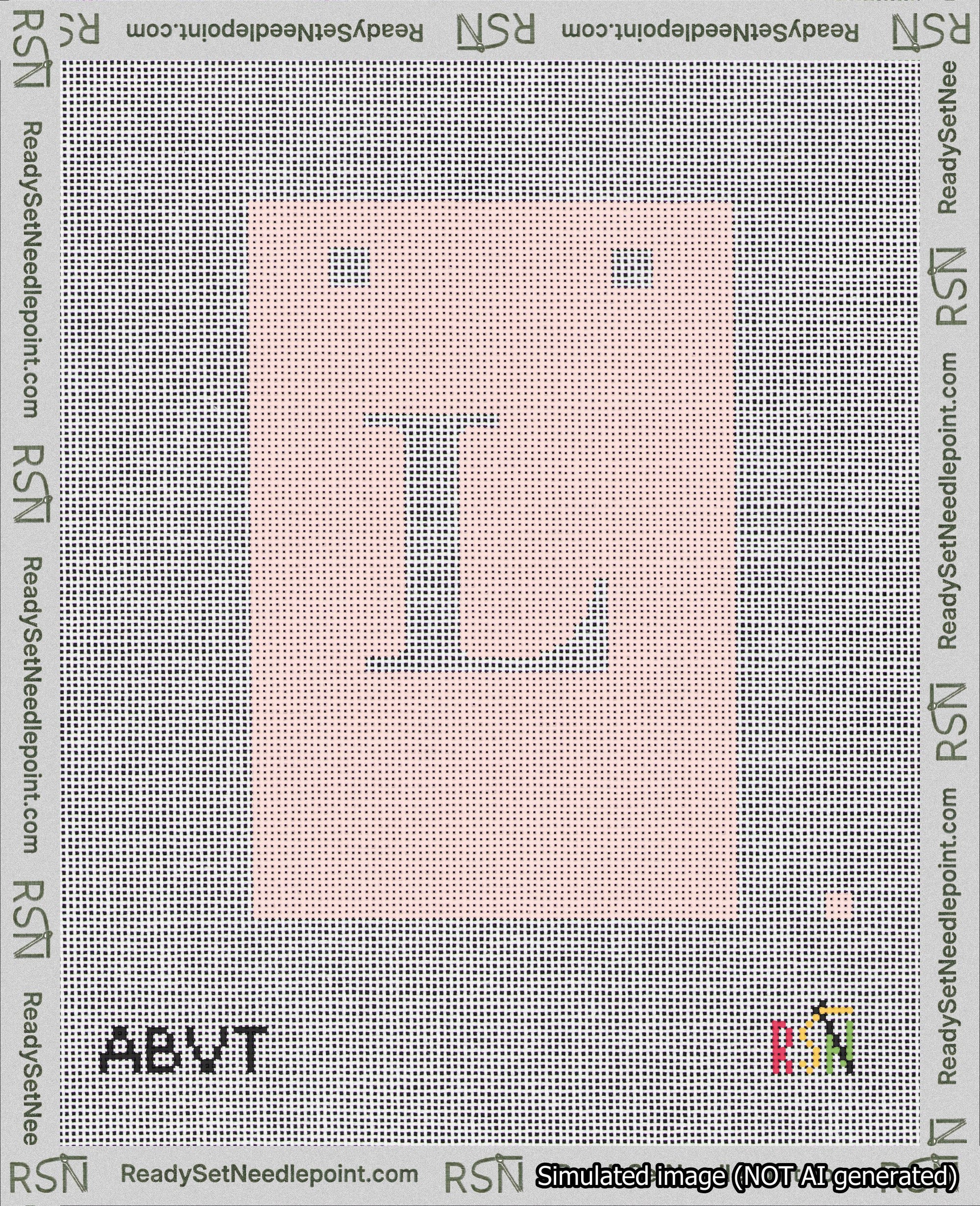 A taped needlepoint canvas with the design: Banner 18 mesh count Squared L White on Pink.