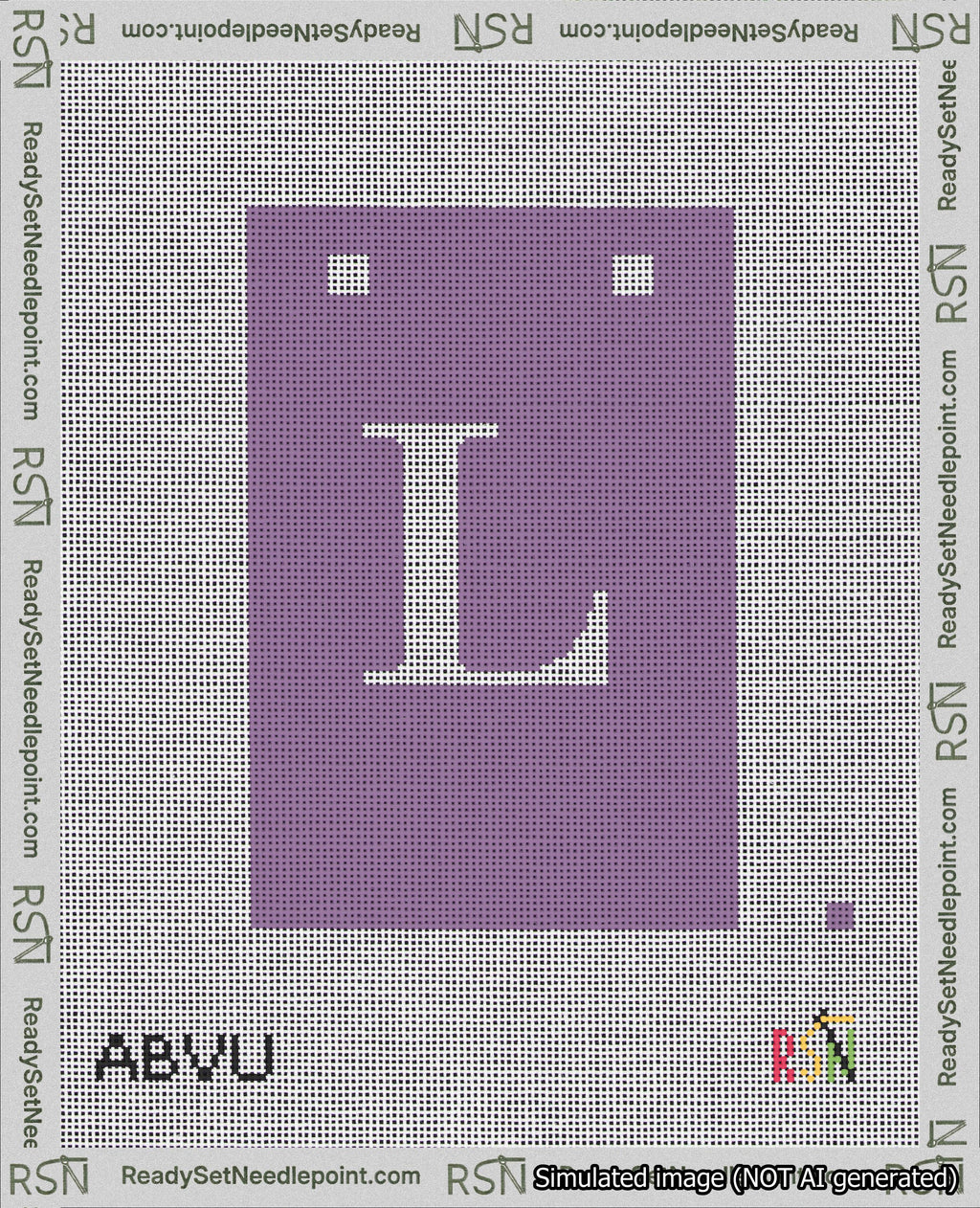 A taped needlepoint canvas with the design: Banner 18 mesh count Squared L White on Purple.