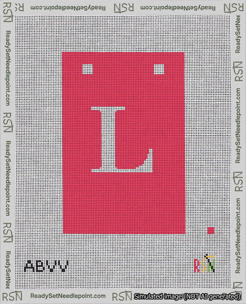 A taped needlepoint canvas with the design: Banner 18 mesh count Squared L White on Red.