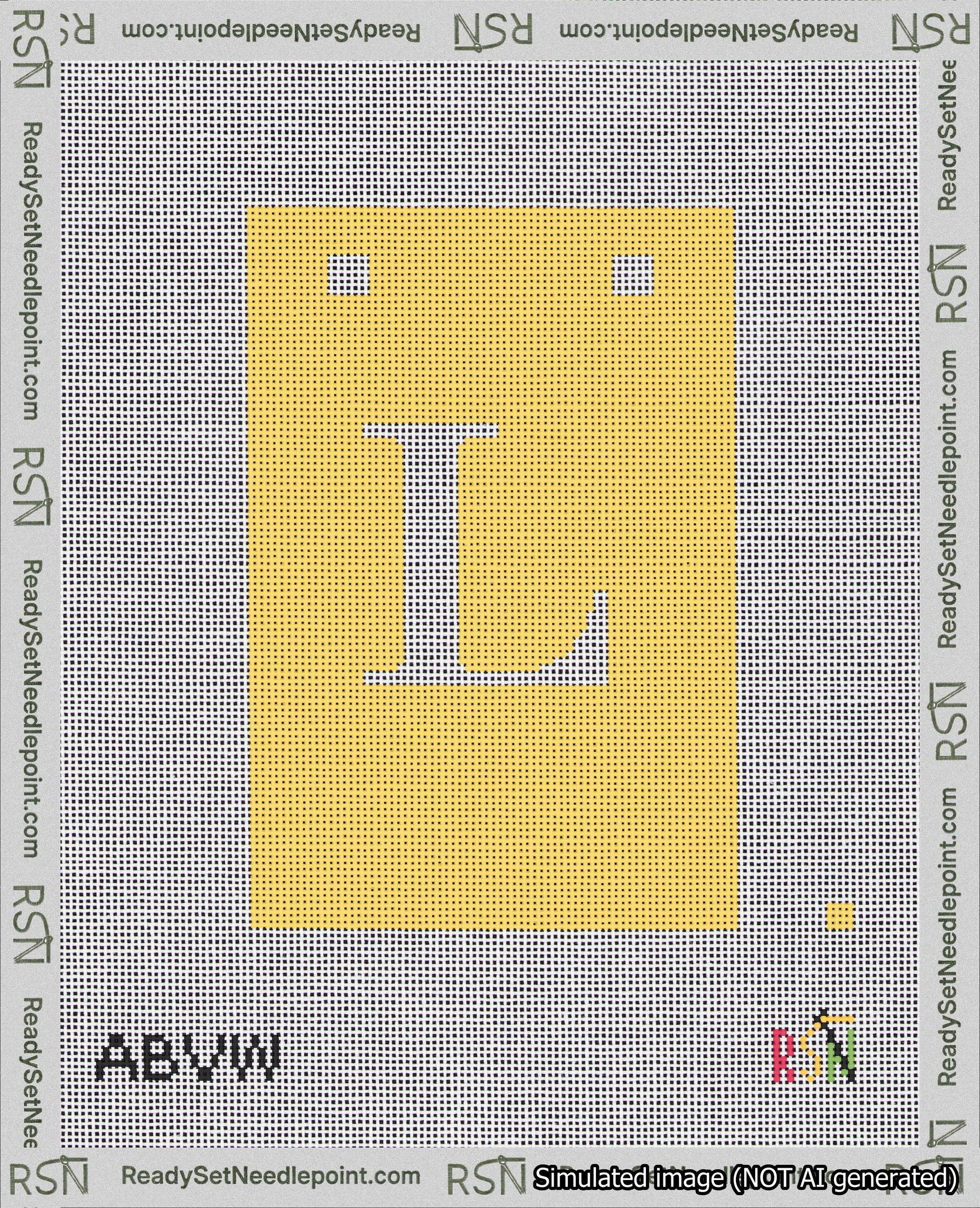 A taped needlepoint canvas with the design: Banner 18 mesh count Squared L White on Yellow.