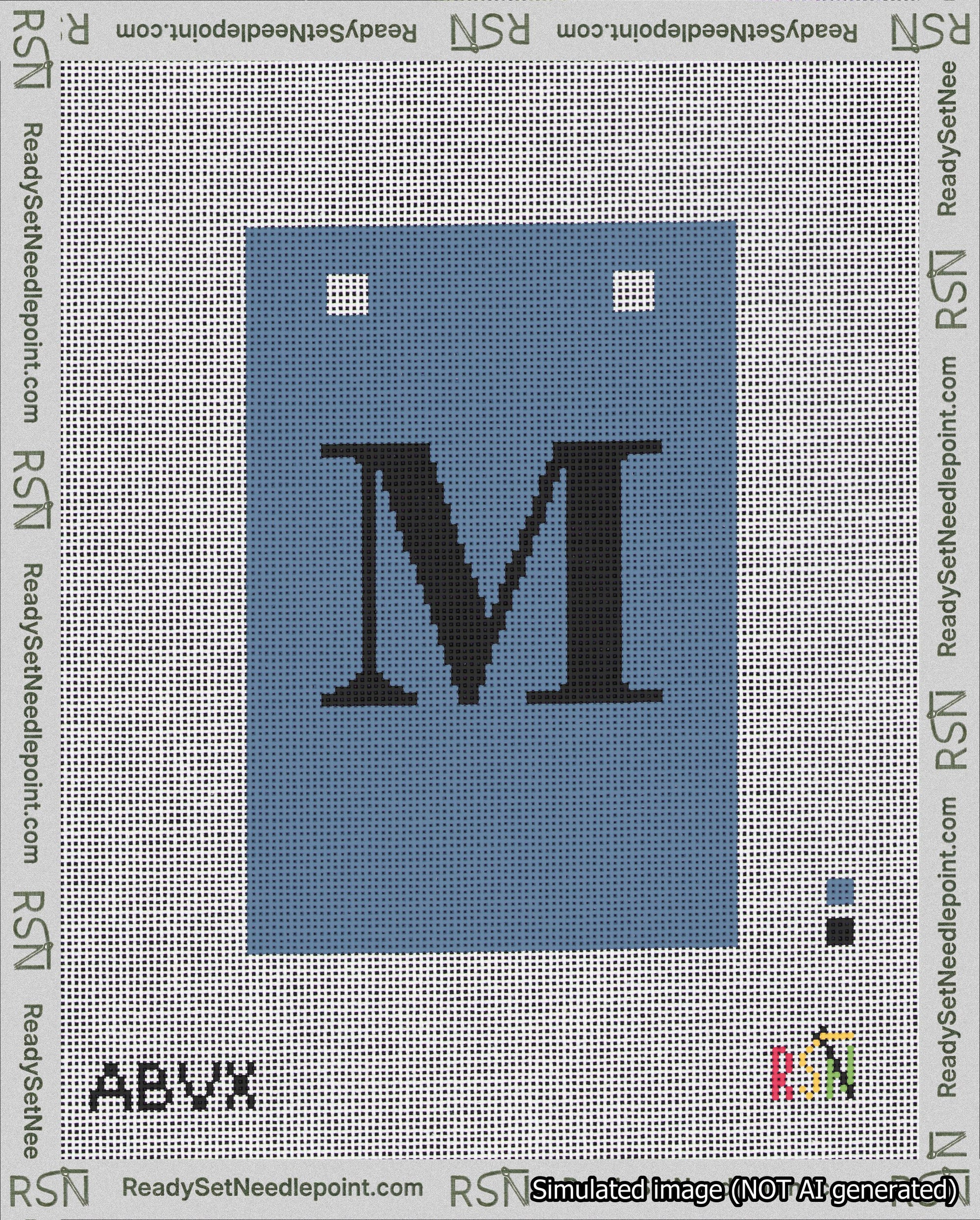 A taped needlepoint canvas with the design: Banner 18 mesh count Squared M Black on Blue.
