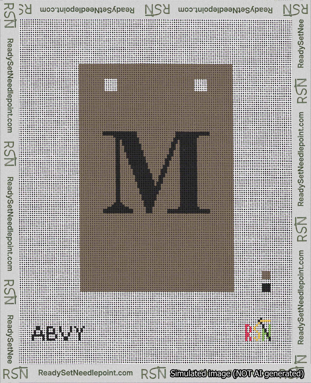 A taped needlepoint canvas with the design: Banner 18 mesh count Squared M Black on Brown.