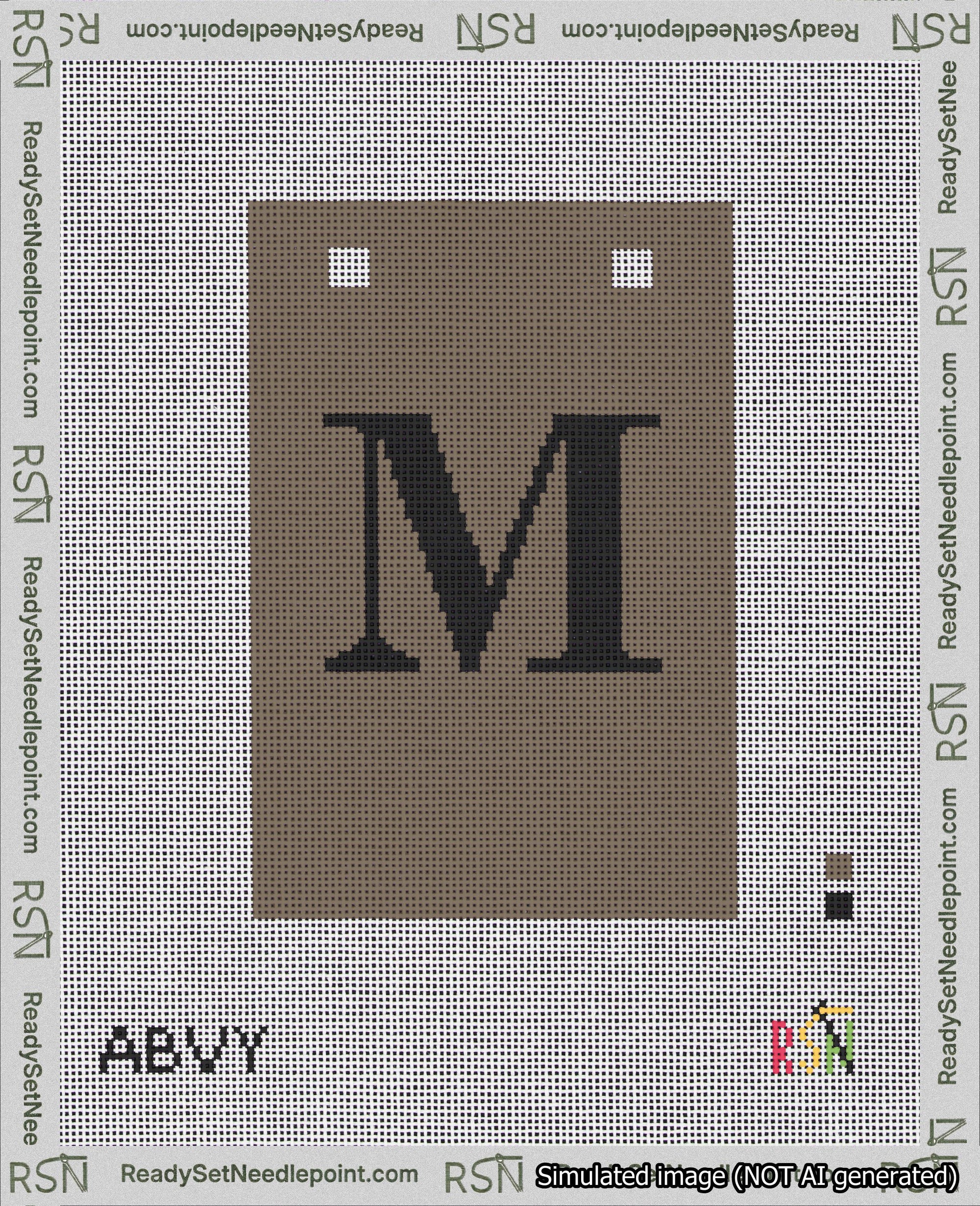 A taped needlepoint canvas with the design: Banner 18 mesh count Squared M Black on Brown.