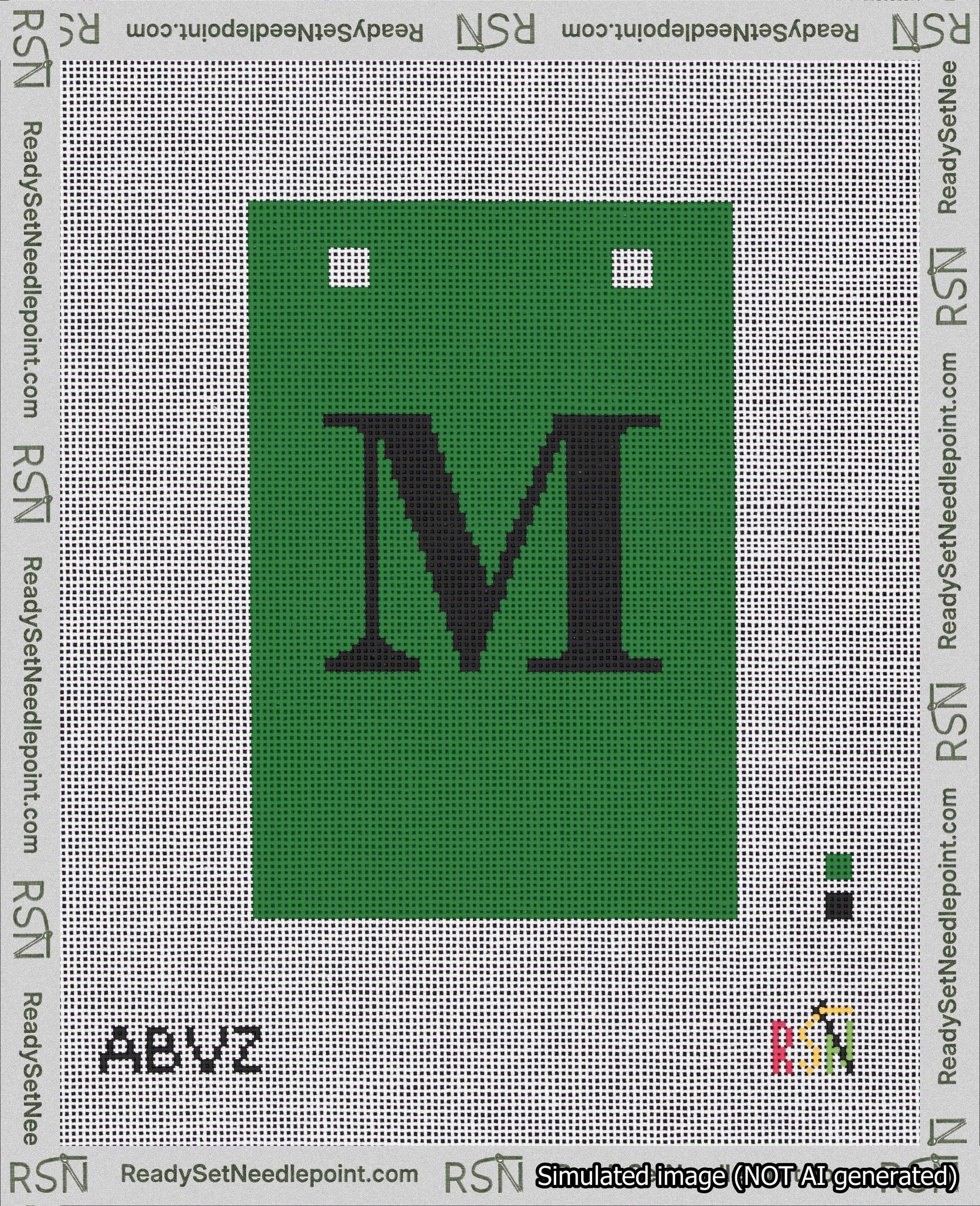 A taped needlepoint canvas with the design: Banner 18 mesh count Squared M Black on Green.