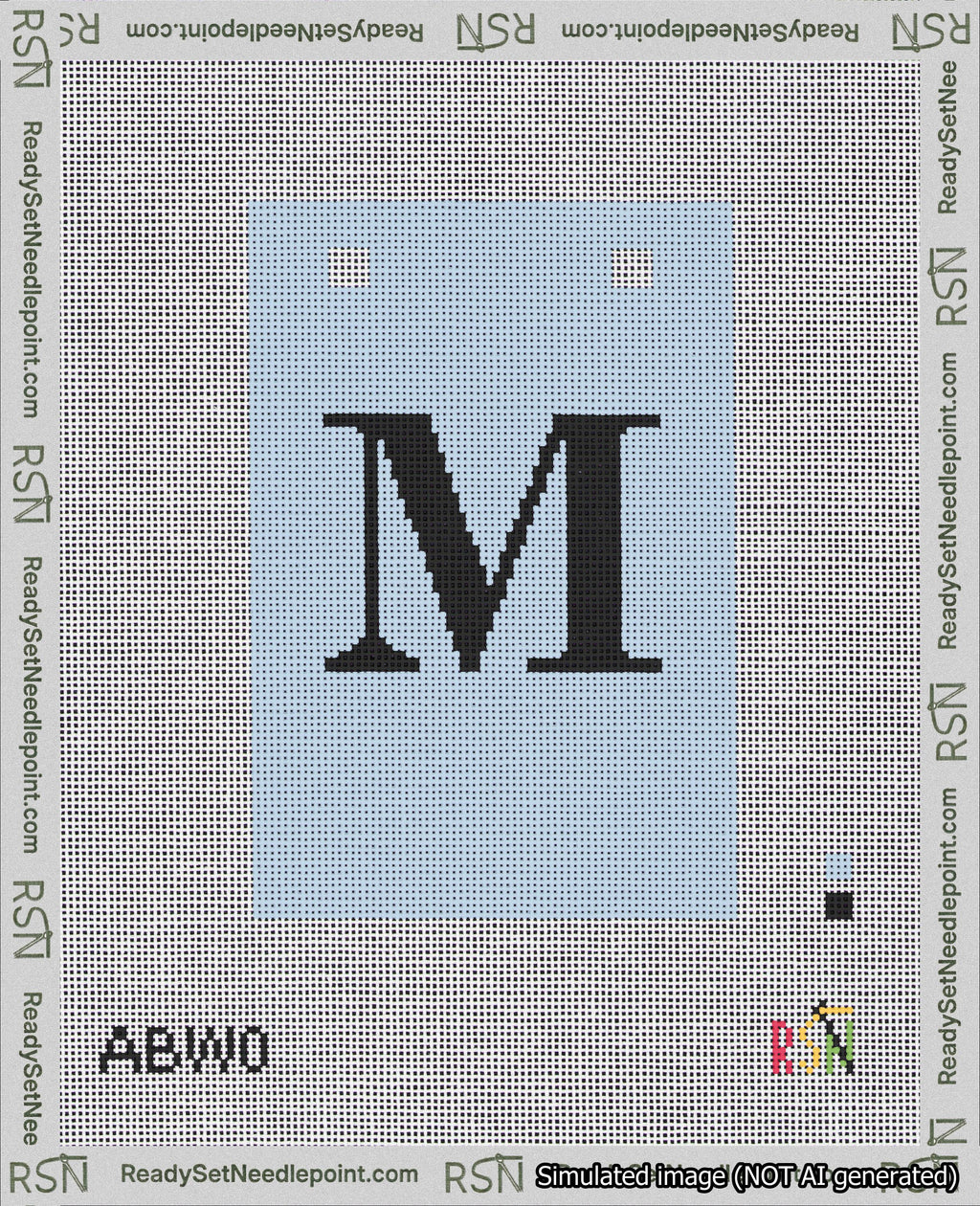 A taped needlepoint canvas with the design: Banner 18 mesh count Squared M Black on Light Blue.
