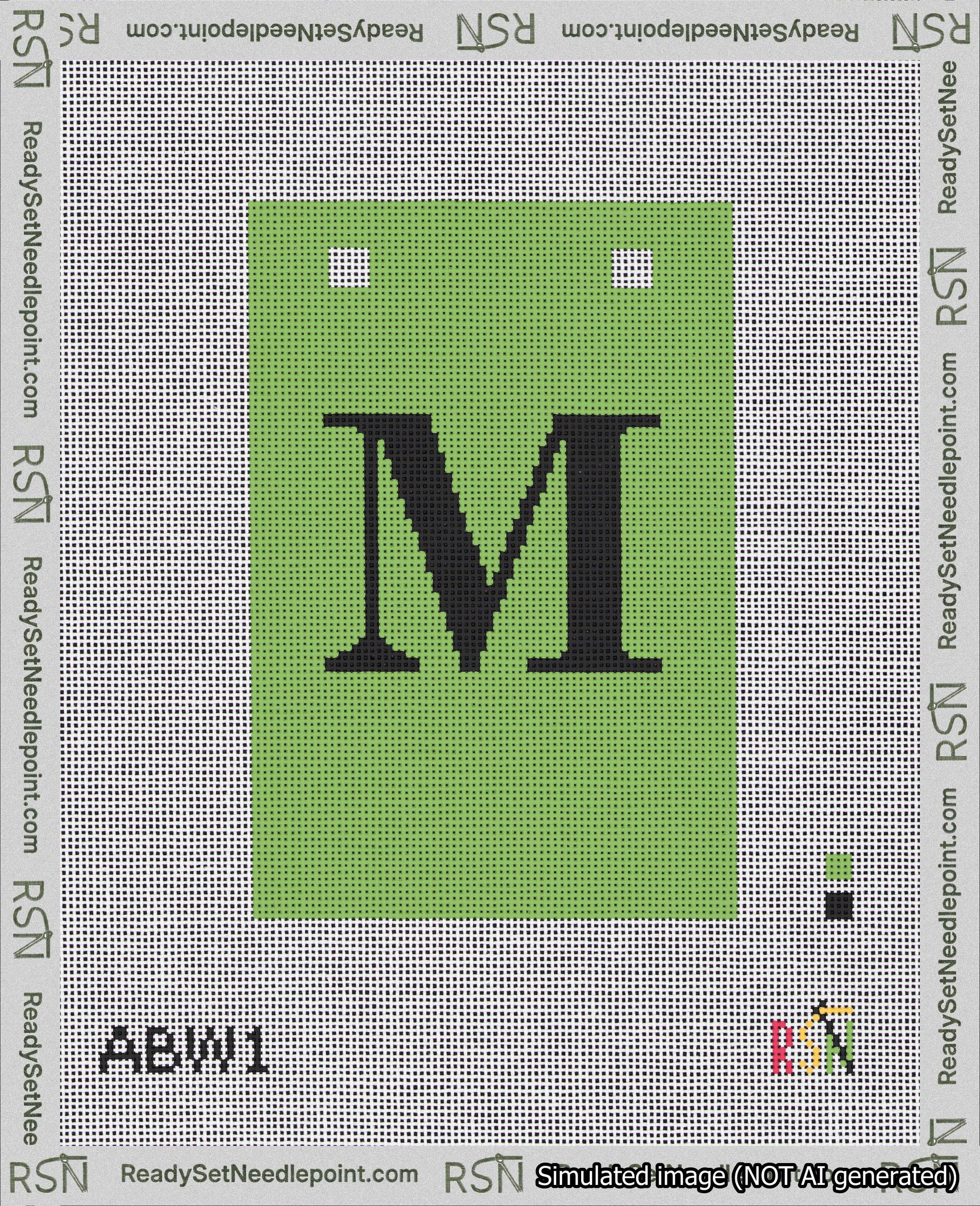 A taped needlepoint canvas with the design: Banner 18 mesh count Squared M Black on Light Green.
