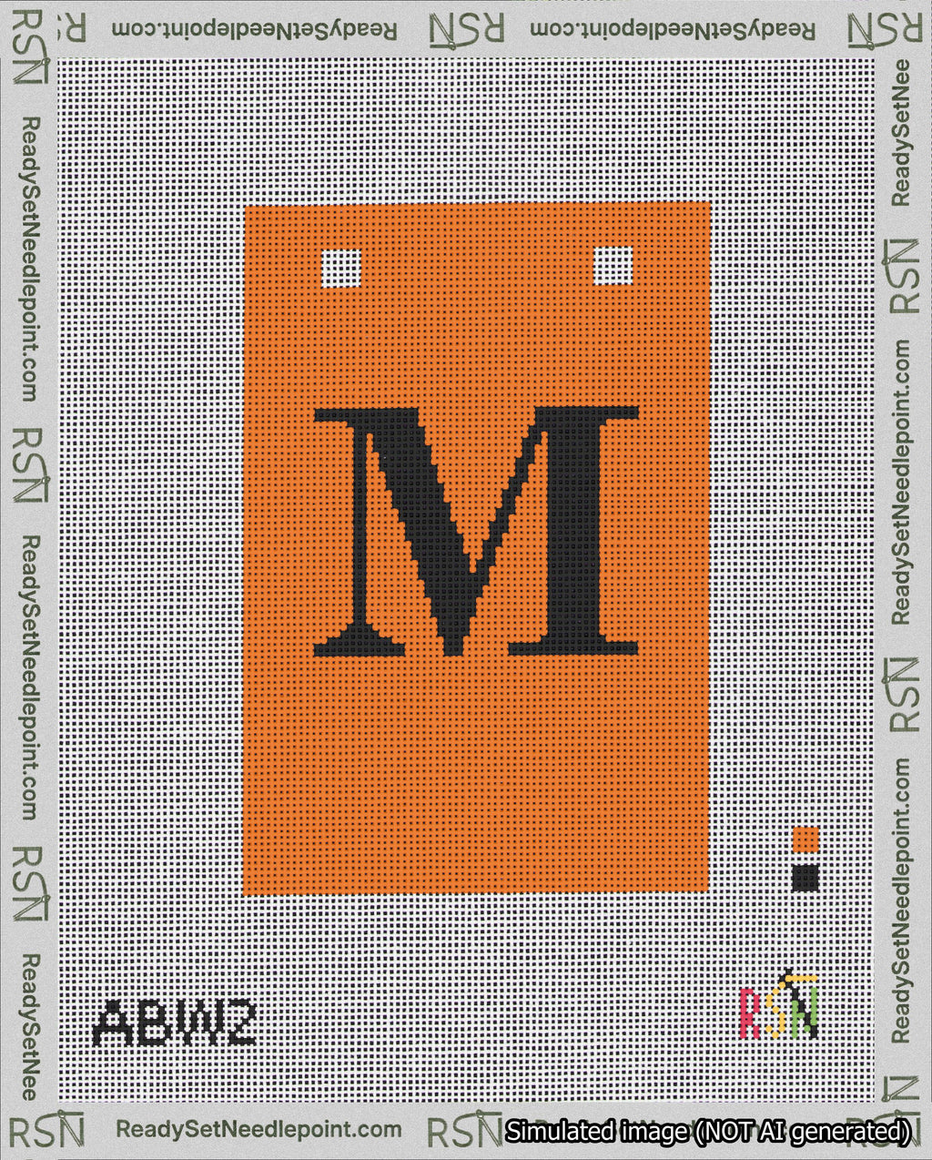 A taped needlepoint canvas with the design: Banner 18 mesh count Squared M Black on Orange.