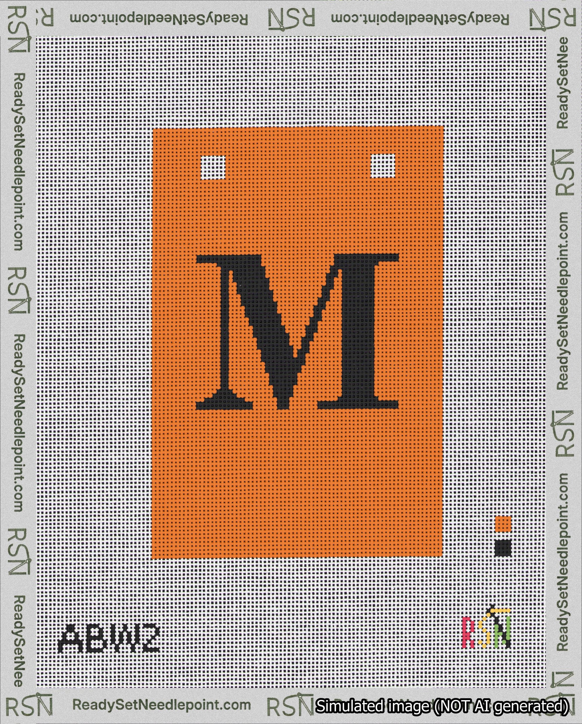 A taped needlepoint canvas with the design: Banner 18 mesh count Squared M Black on Orange.