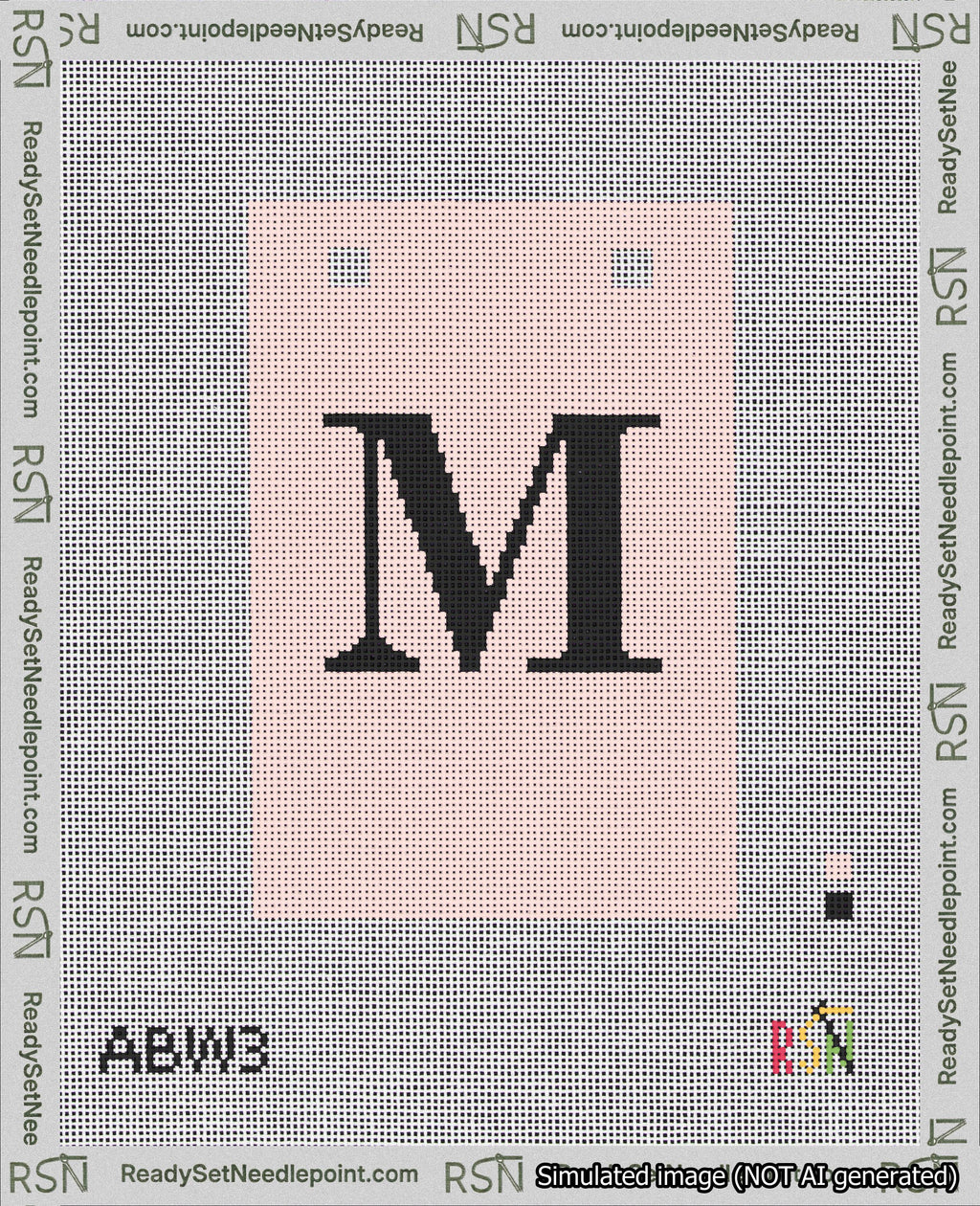A taped needlepoint canvas with the design: Banner 18 mesh count Squared M Black on Pink.