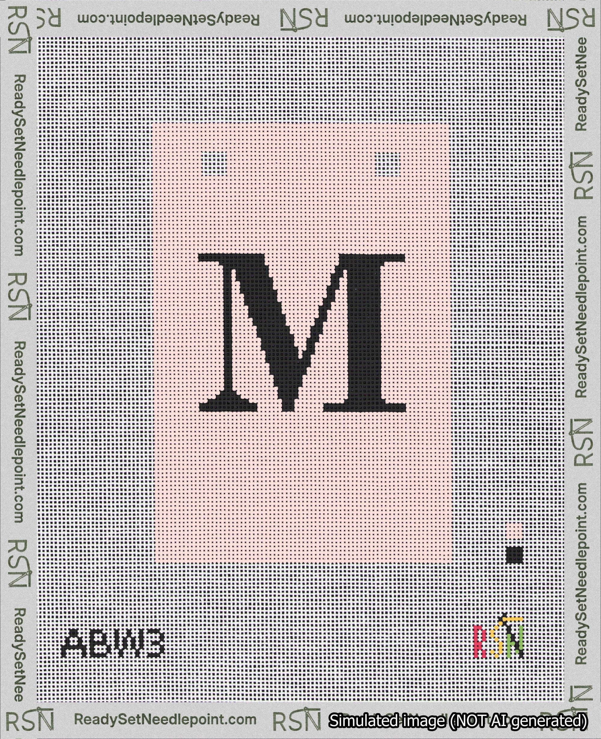 A taped needlepoint canvas with the design: Banner 18 mesh count Squared M Black on Pink.