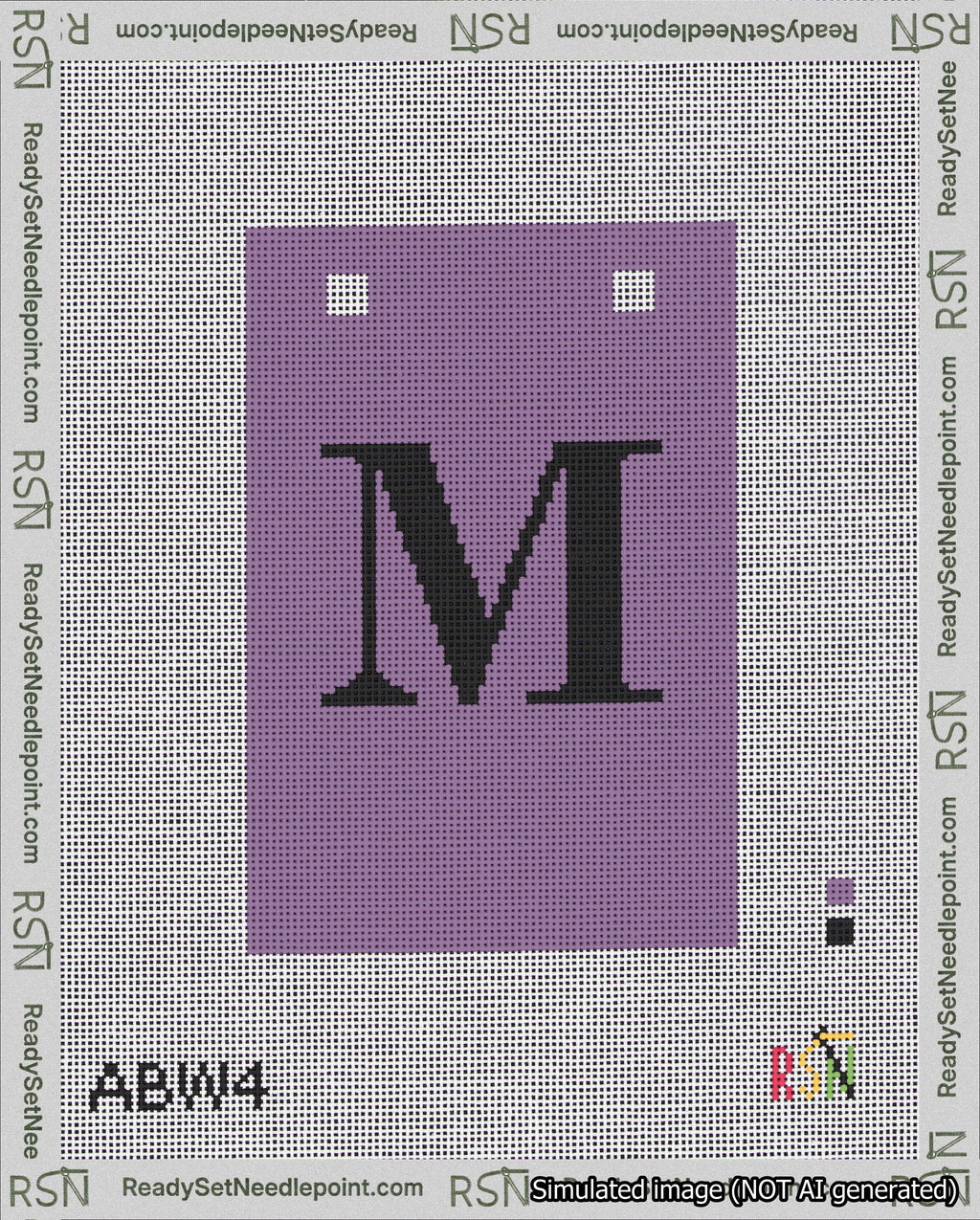 A taped needlepoint canvas with the design: Banner 18 mesh count Squared M Black on Purple.