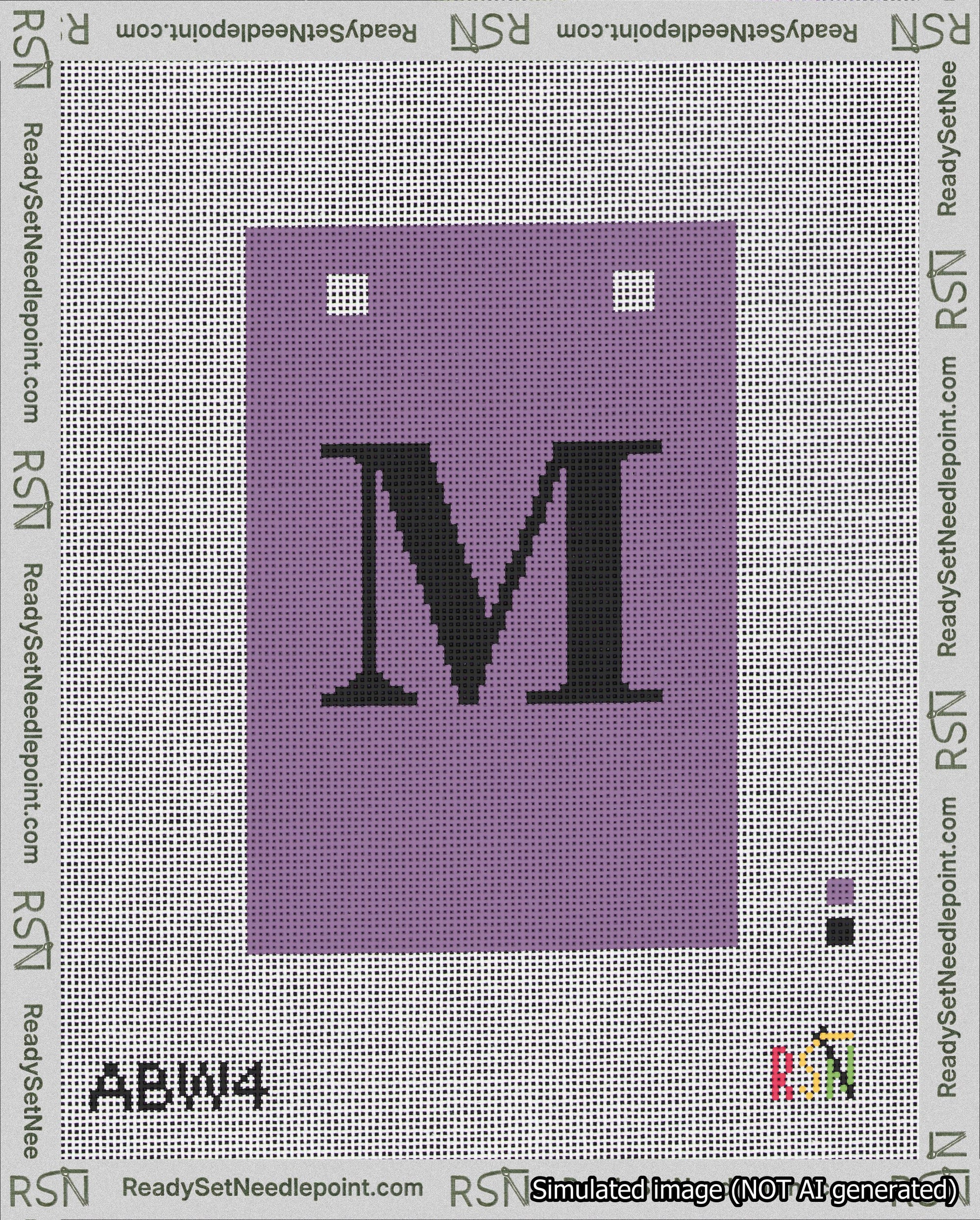 A taped needlepoint canvas with the design: Banner 18 mesh count Squared M Black on Purple.